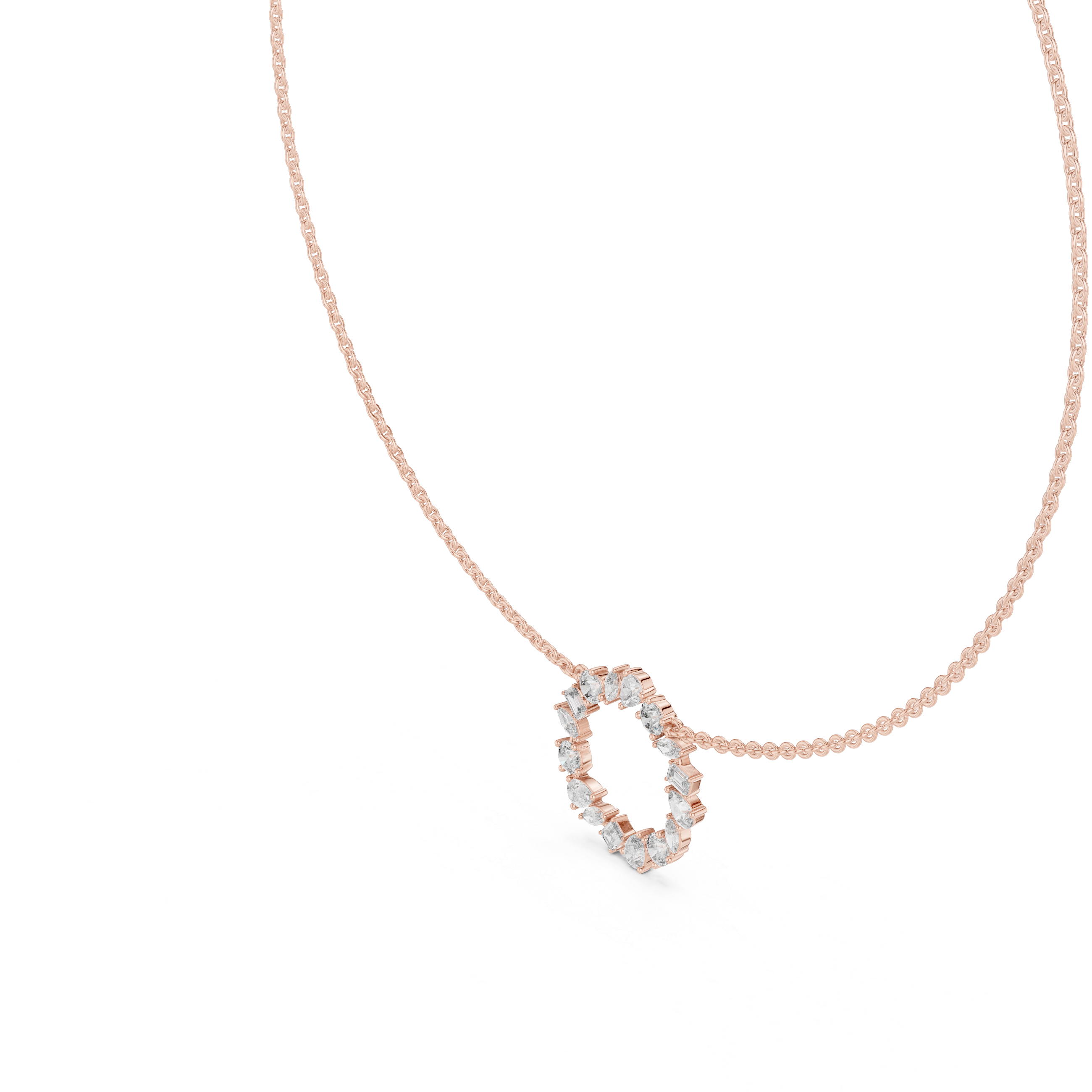 Rose Gold Circle Necklace with Mixed-Cut Crystals and Soft Blue Accents.