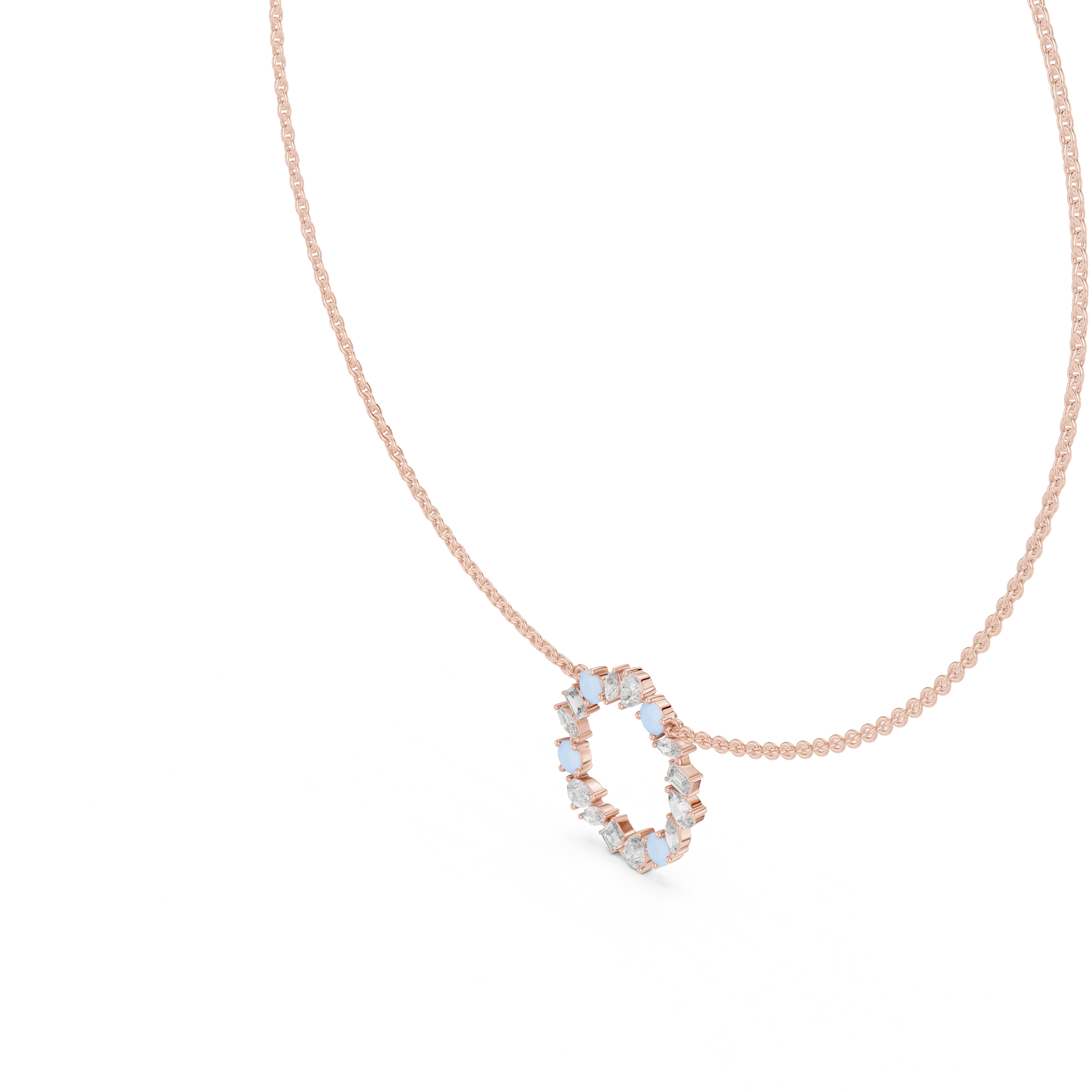 Rose Gold Circle Necklace with Mixed-Cut Crystals and Soft Blue Accents.