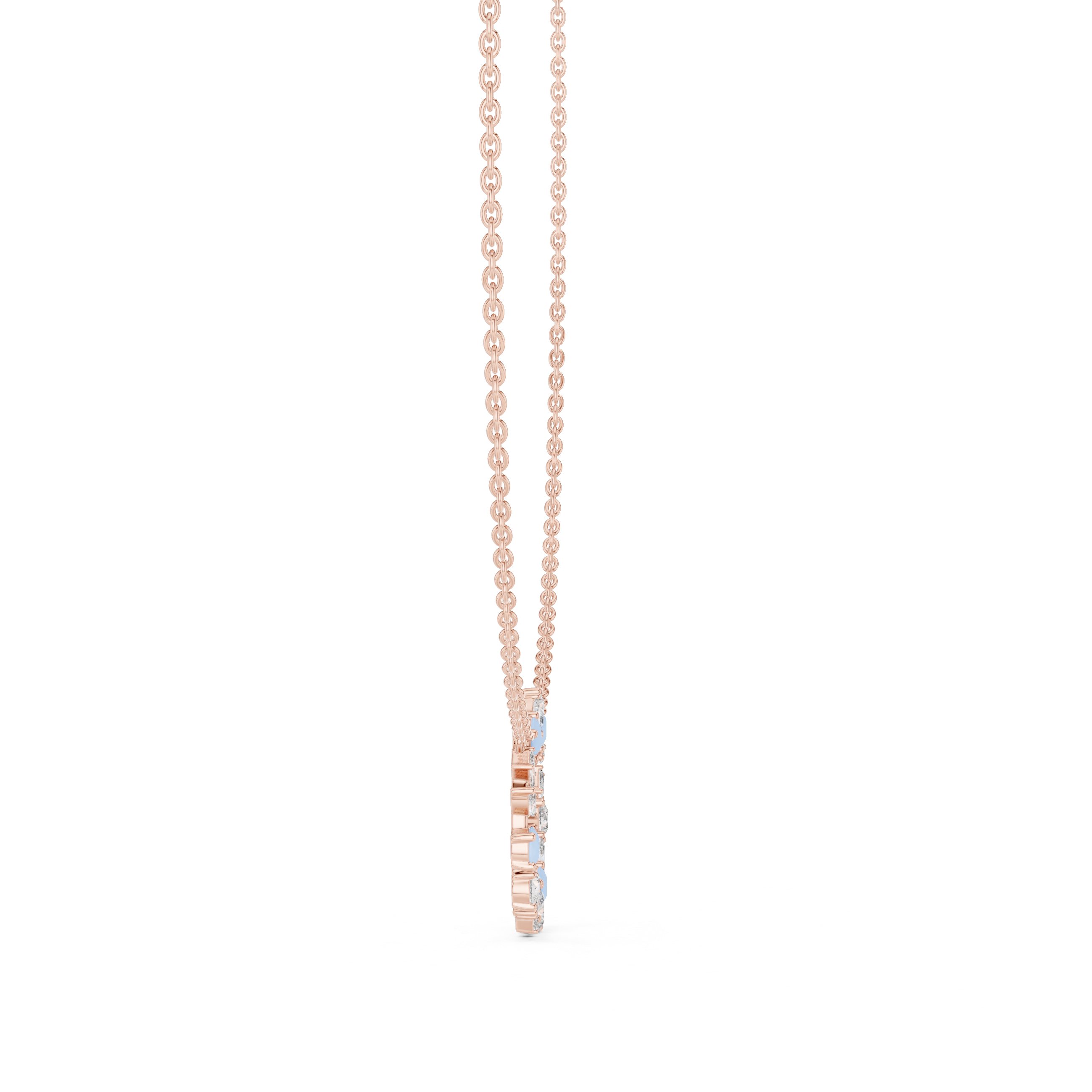 Rose Gold Circle Necklace with Mixed-Cut Crystals and Soft Blue Accents.
