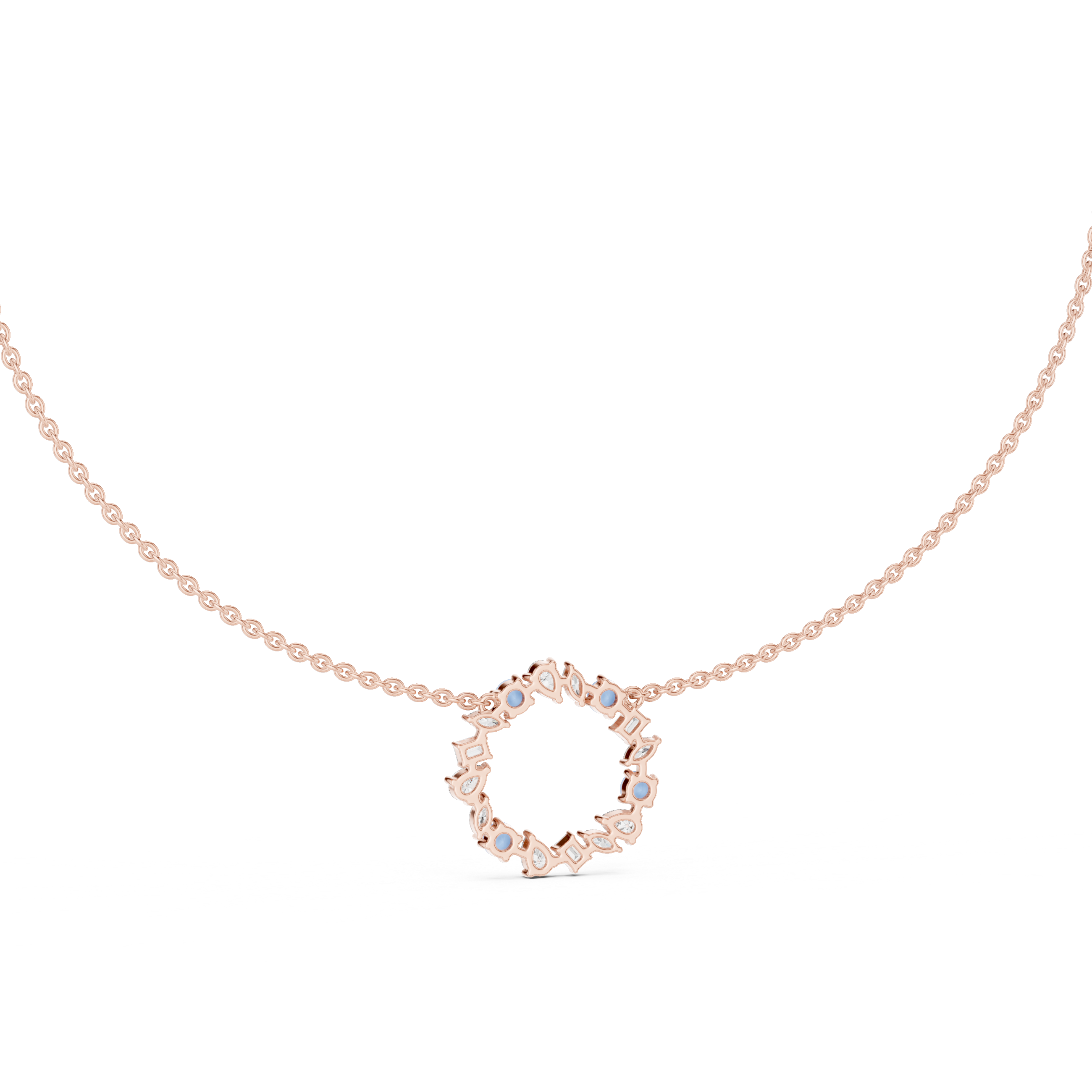 Rose Gold Circle Necklace with Mixed-Cut Crystals and Soft Blue Accents.