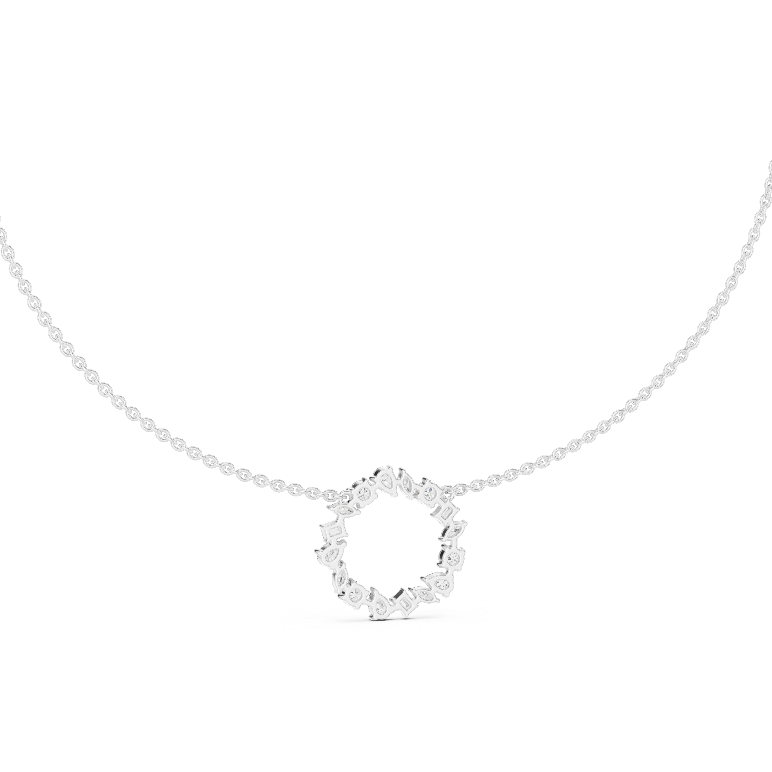 Rose Gold Circle Necklace with Mixed-Cut Crystals and Soft Blue Accents.