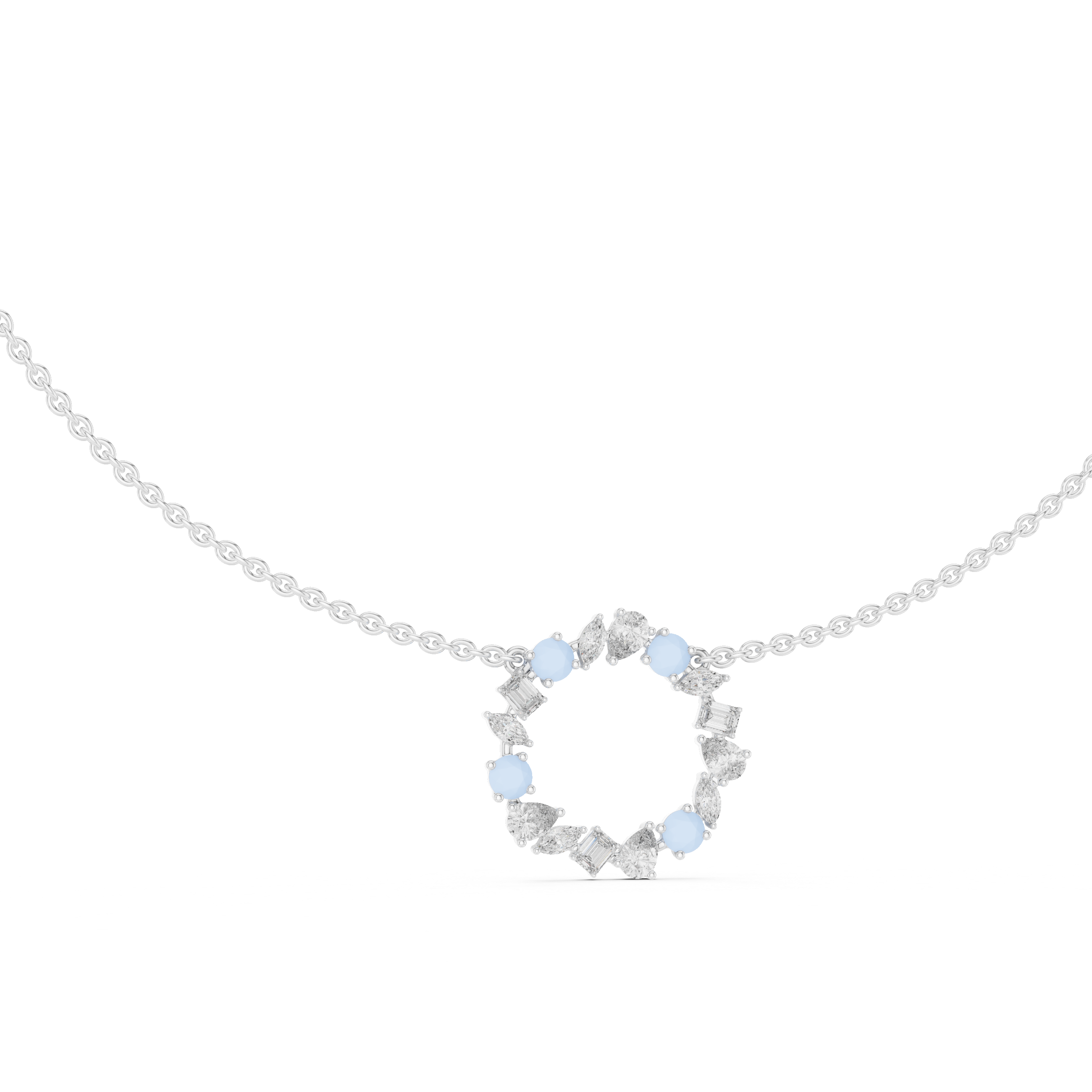 Rose Gold Circle Necklace with Mixed-Cut Crystals and Soft Blue Accents.