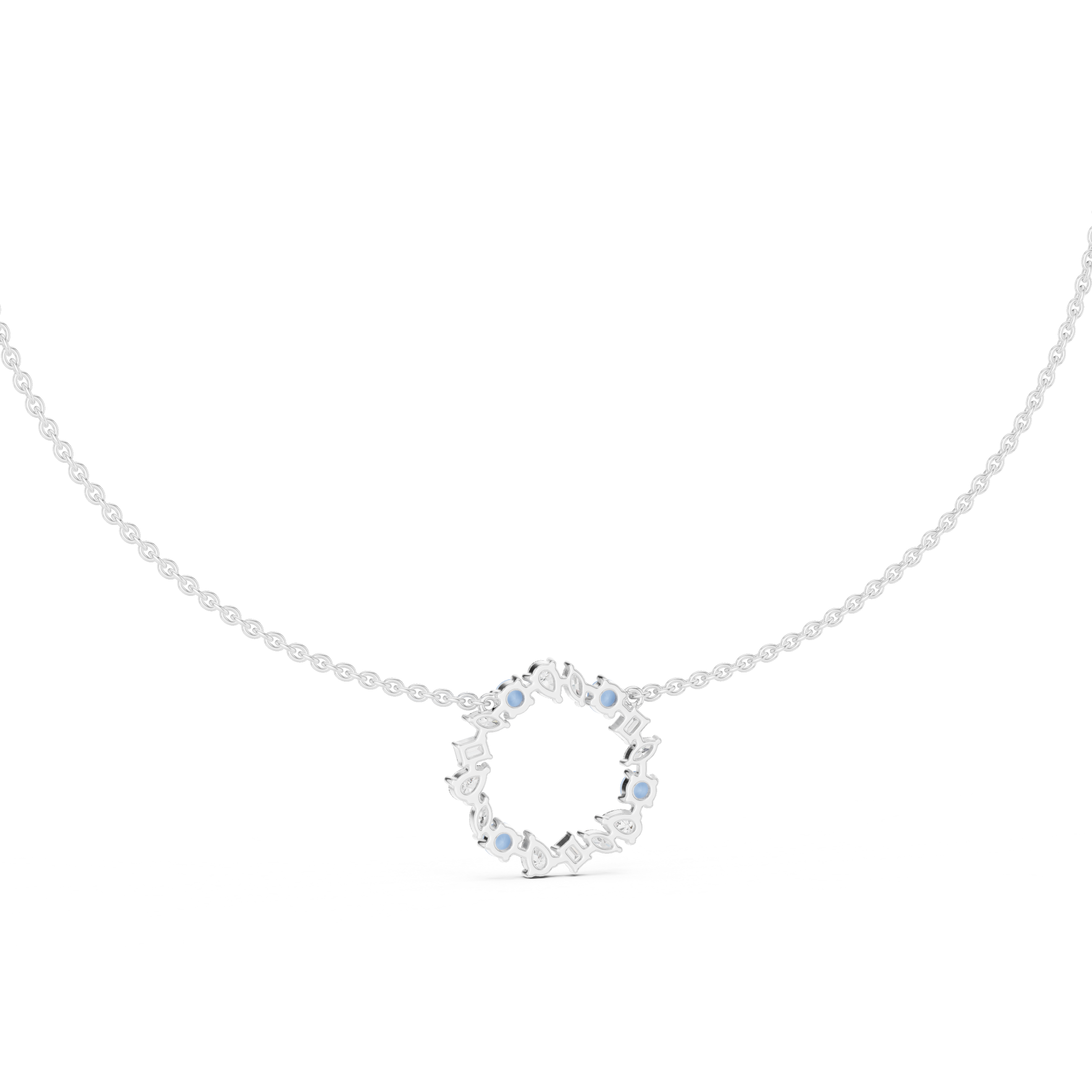 Rose Gold Circle Necklace with Mixed-Cut Crystals and Soft Blue Accents.