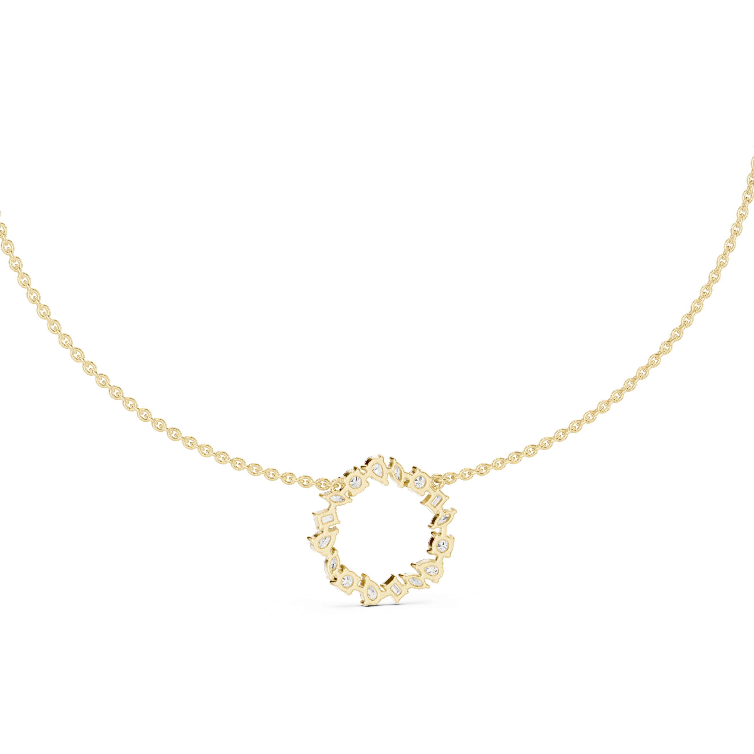 Rose Gold Circle Necklace with Mixed-Cut Crystals and Soft Blue Accents.