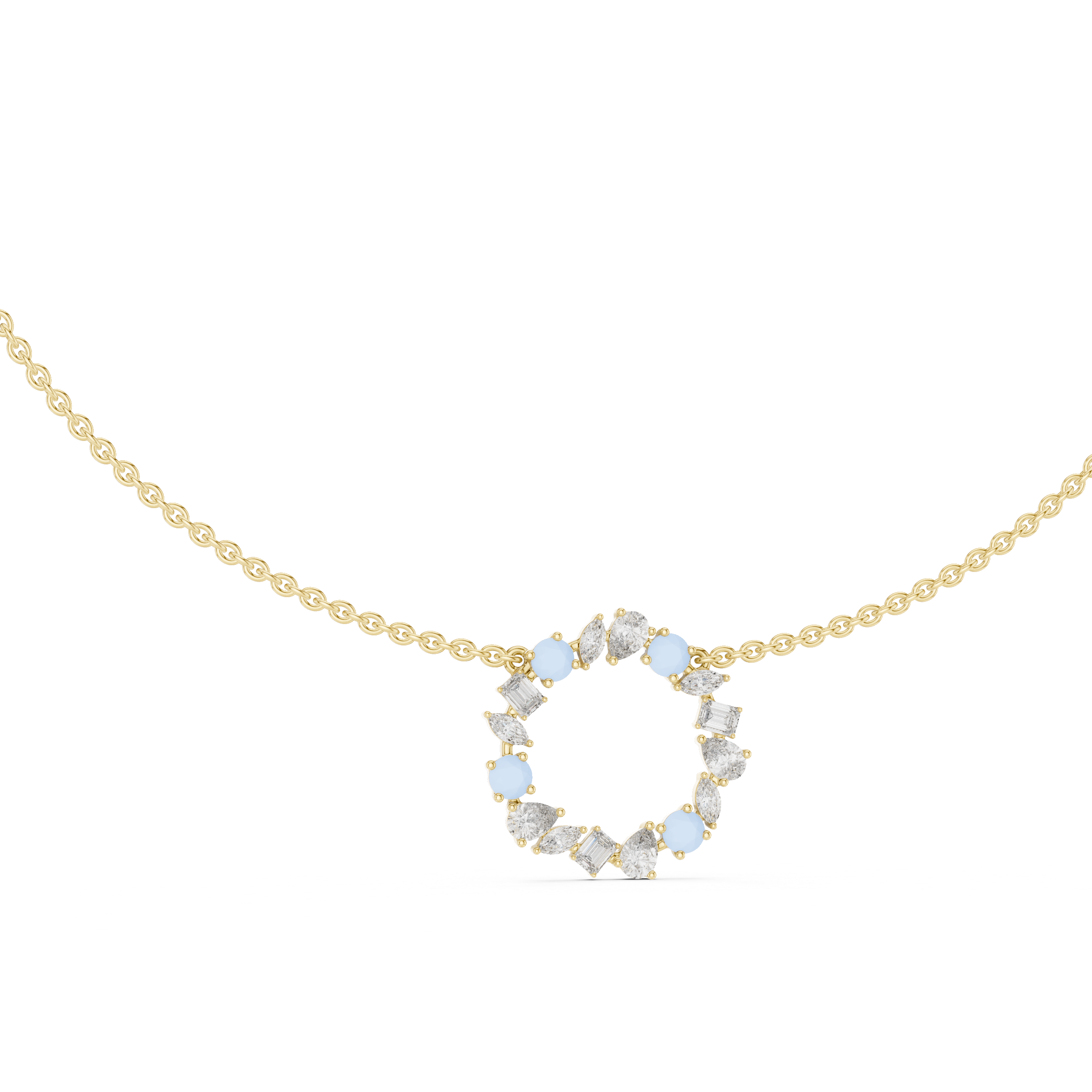 Rose Gold Circle Necklace with Mixed-Cut Crystals and Soft Blue Accents.