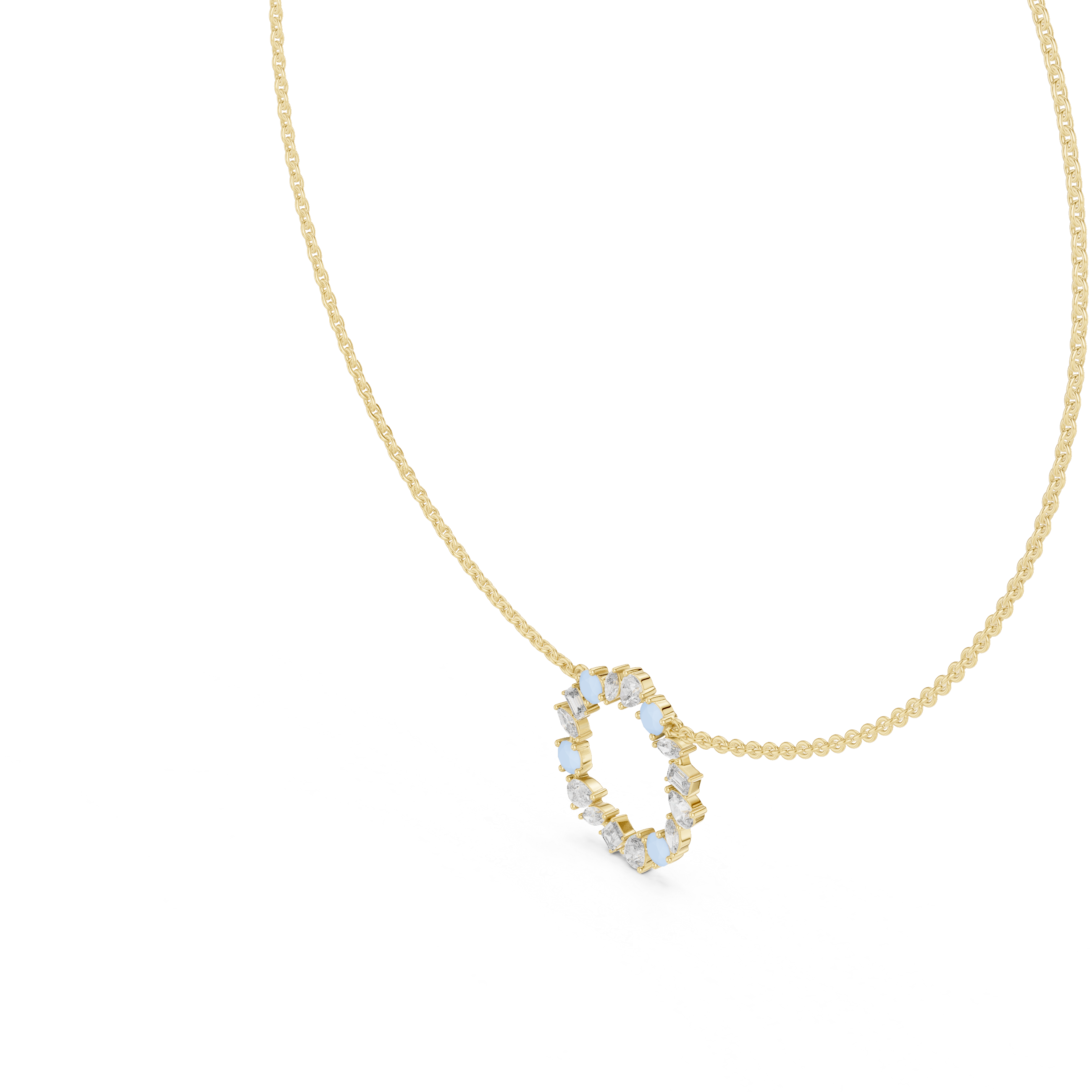 Rose Gold Circle Necklace with Mixed-Cut Crystals and Soft Blue Accents.