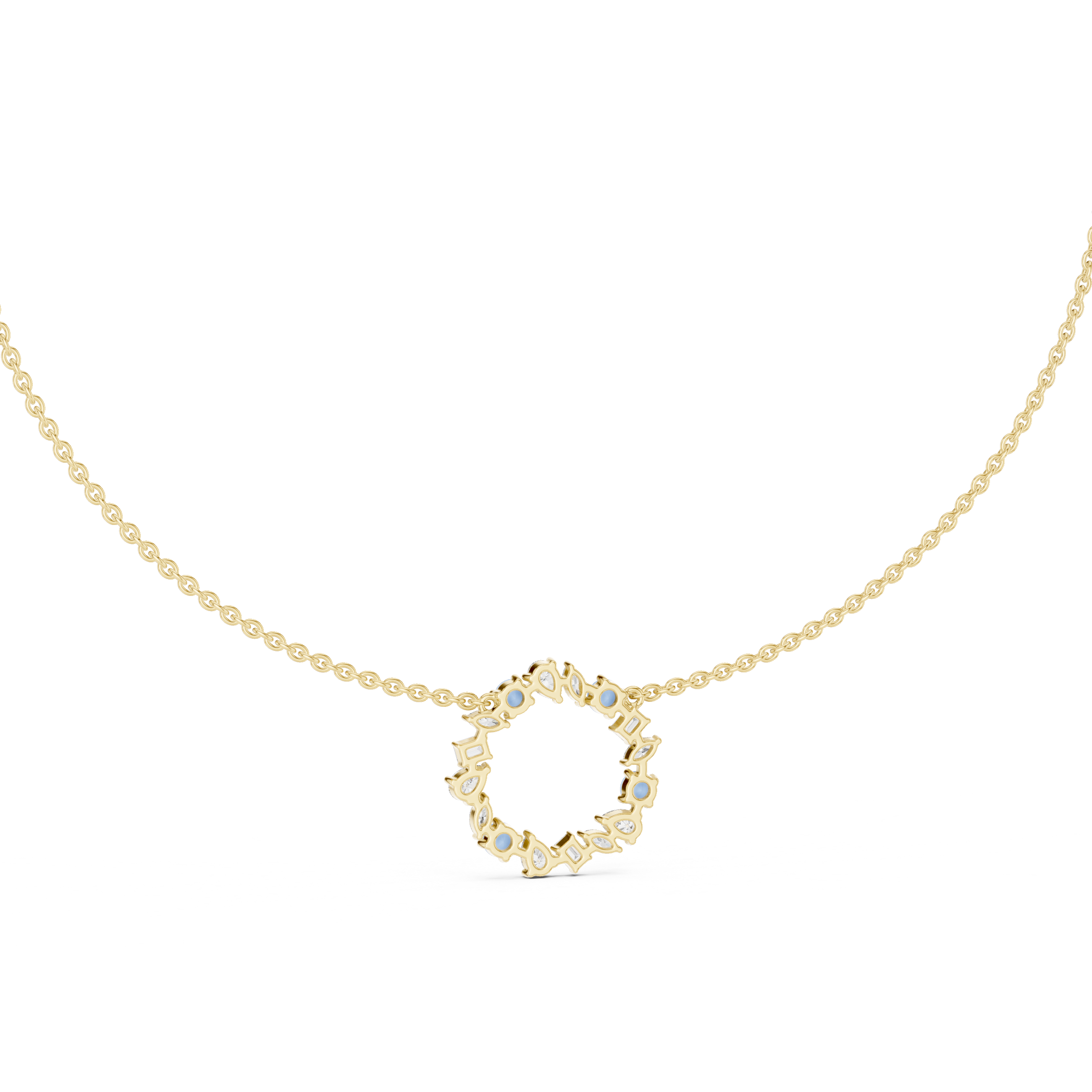 Rose Gold Circle Necklace with Mixed-Cut Crystals and Soft Blue Accents.