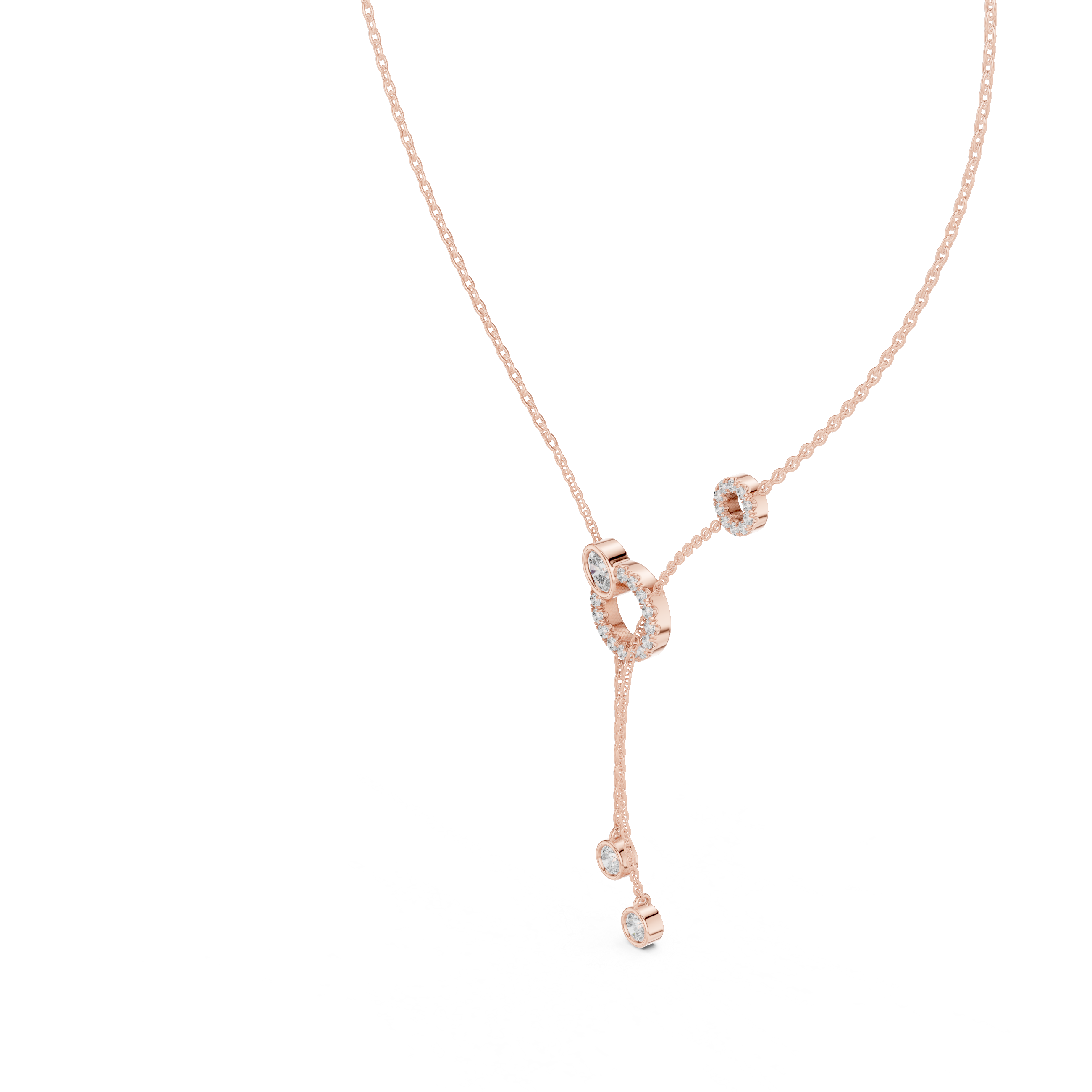Rose Gold Necklace with Interlocked Diamond Circles and Dangling Charms