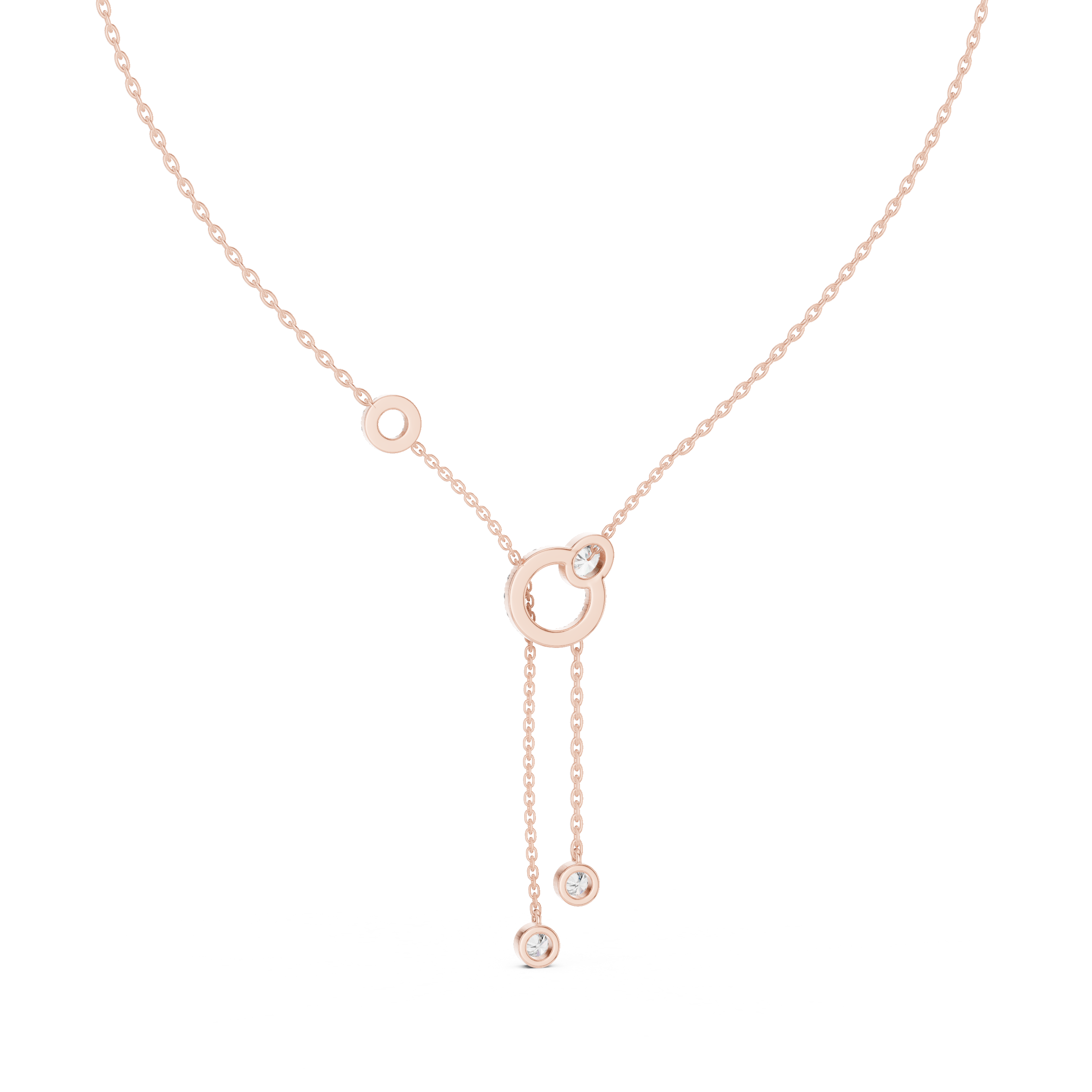 Rose Gold Necklace with Interlocked Diamond Circles and Dangling Charms