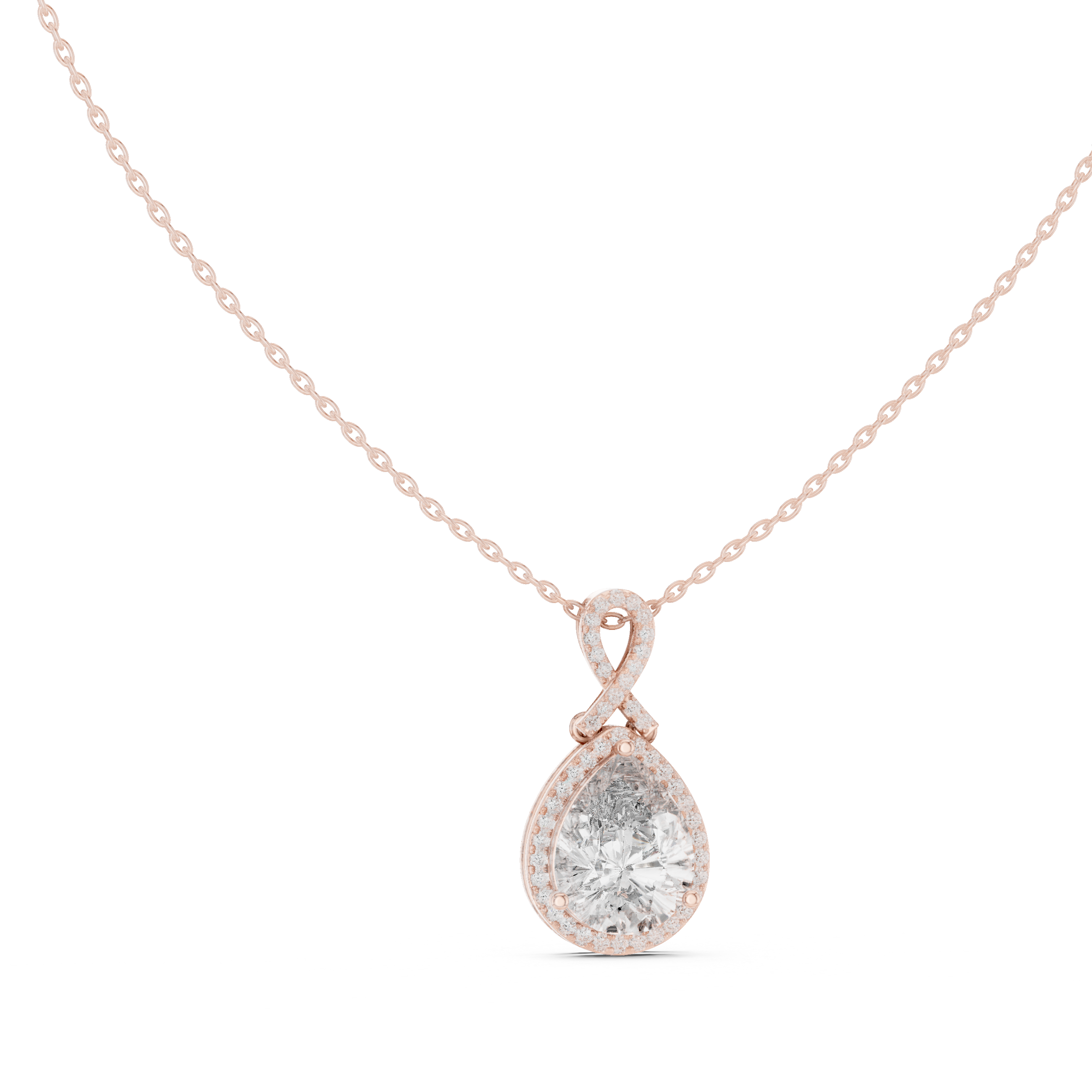Pear-shaped halo diamond pendant with infinity-inspired