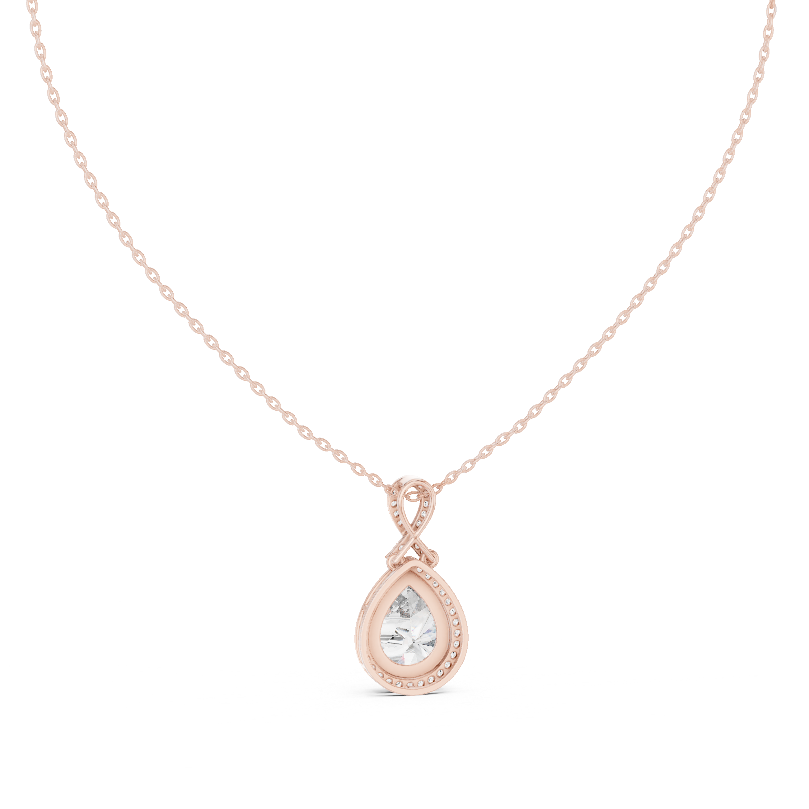 Pear-shaped halo diamond pendant with infinity-inspired