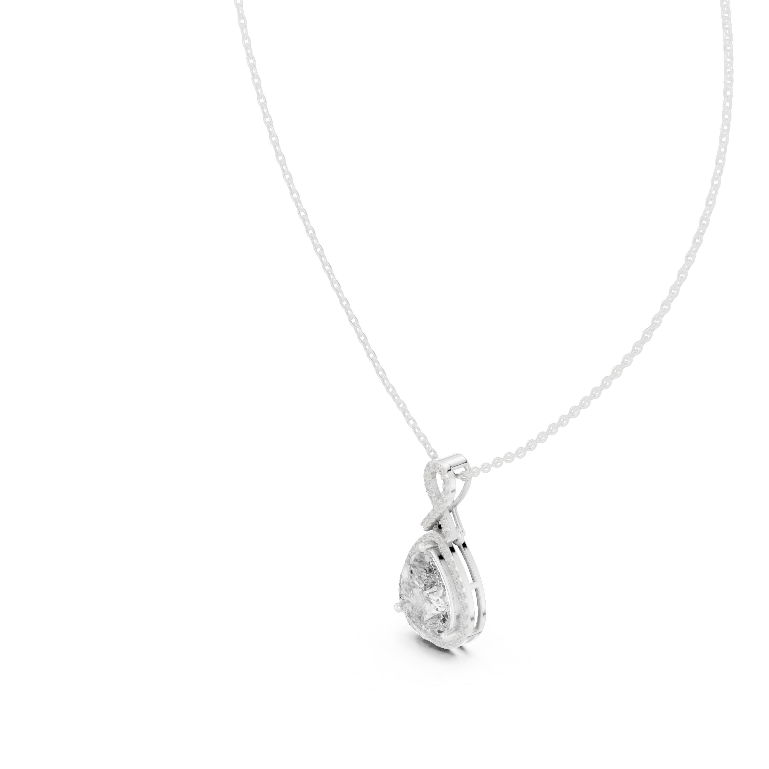 Pear-shaped halo diamond pendant with infinity-inspired