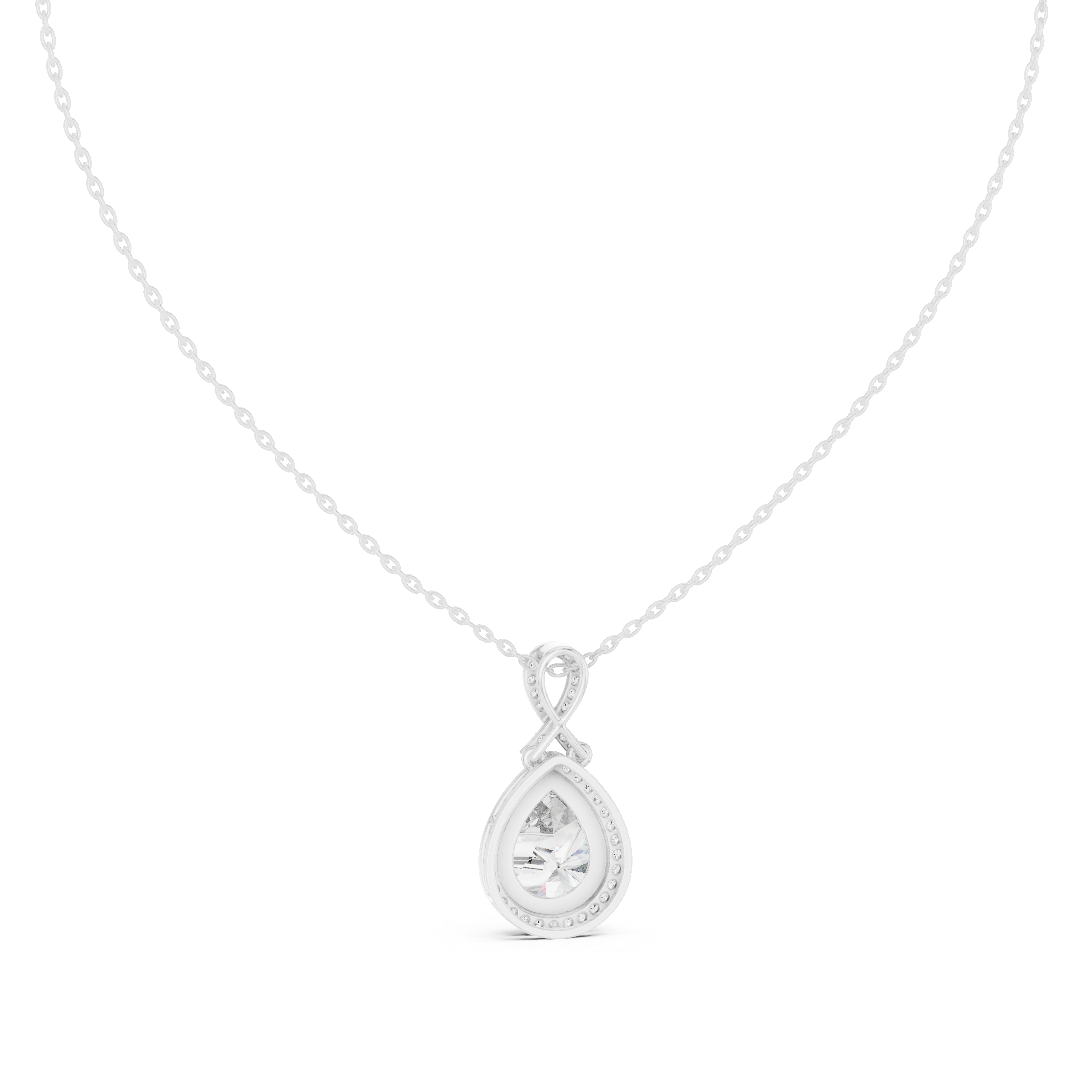 Pear-shaped halo diamond pendant with infinity-inspired