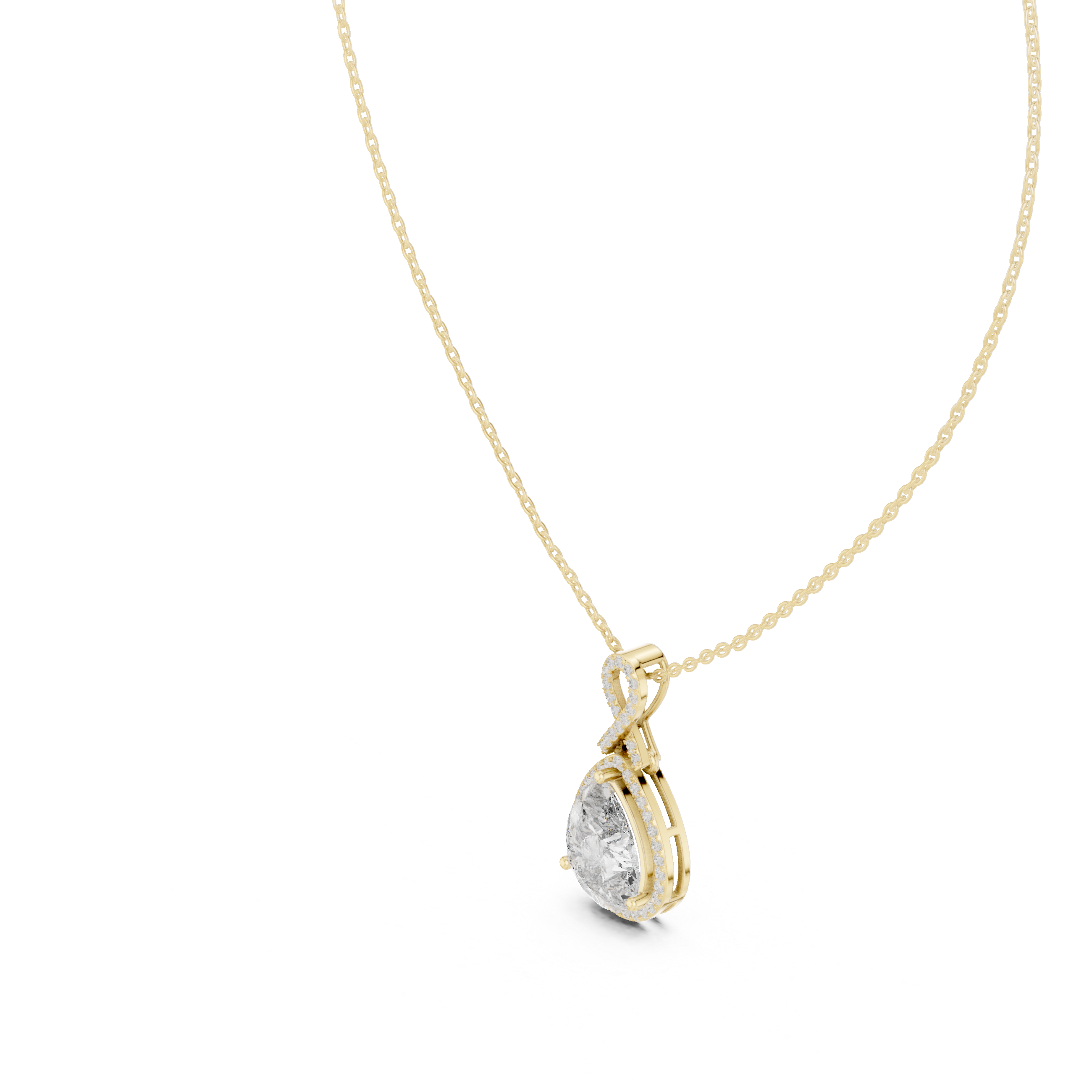 Pear-shaped halo diamond pendant with infinity-inspired