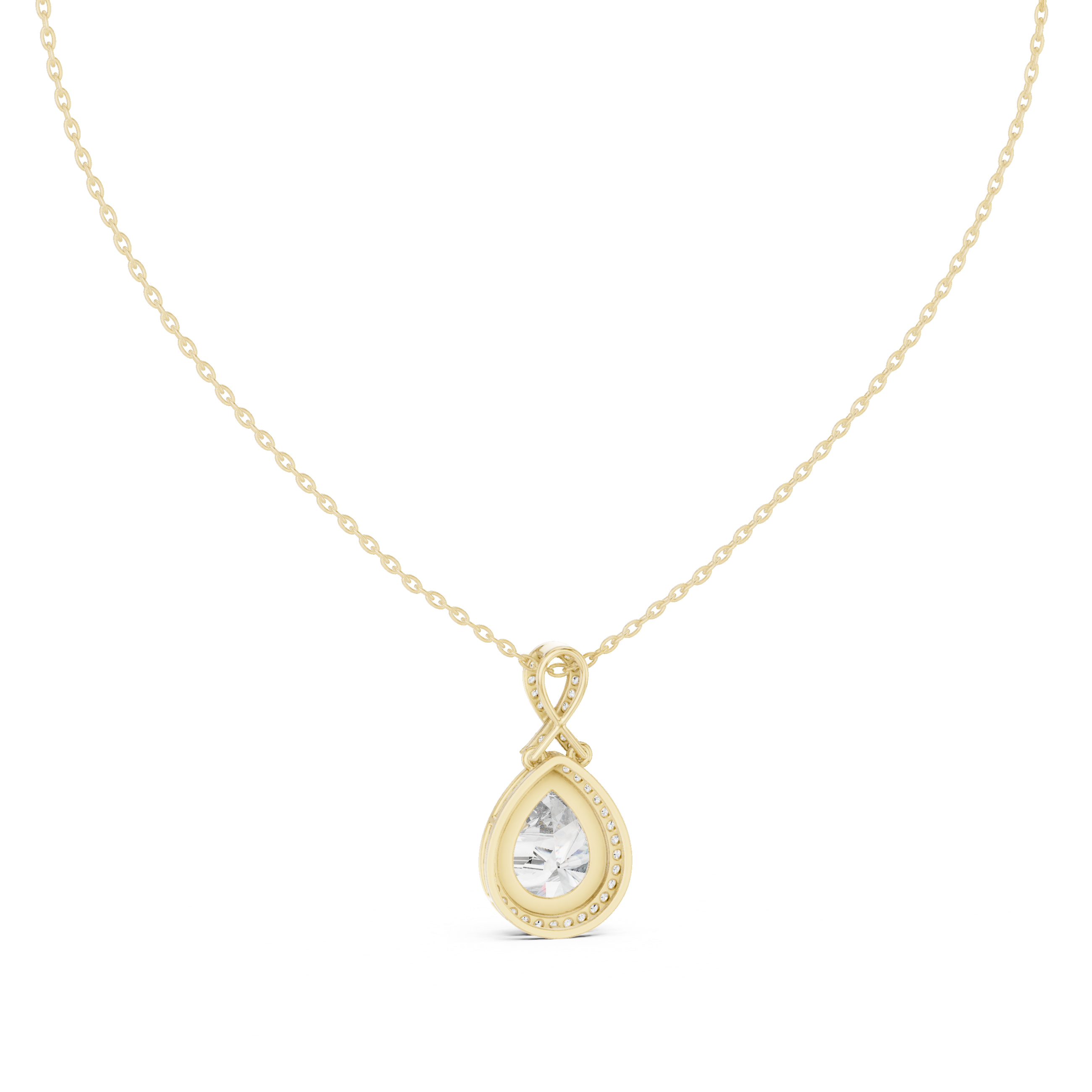 Pear-shaped halo diamond pendant with infinity-inspired