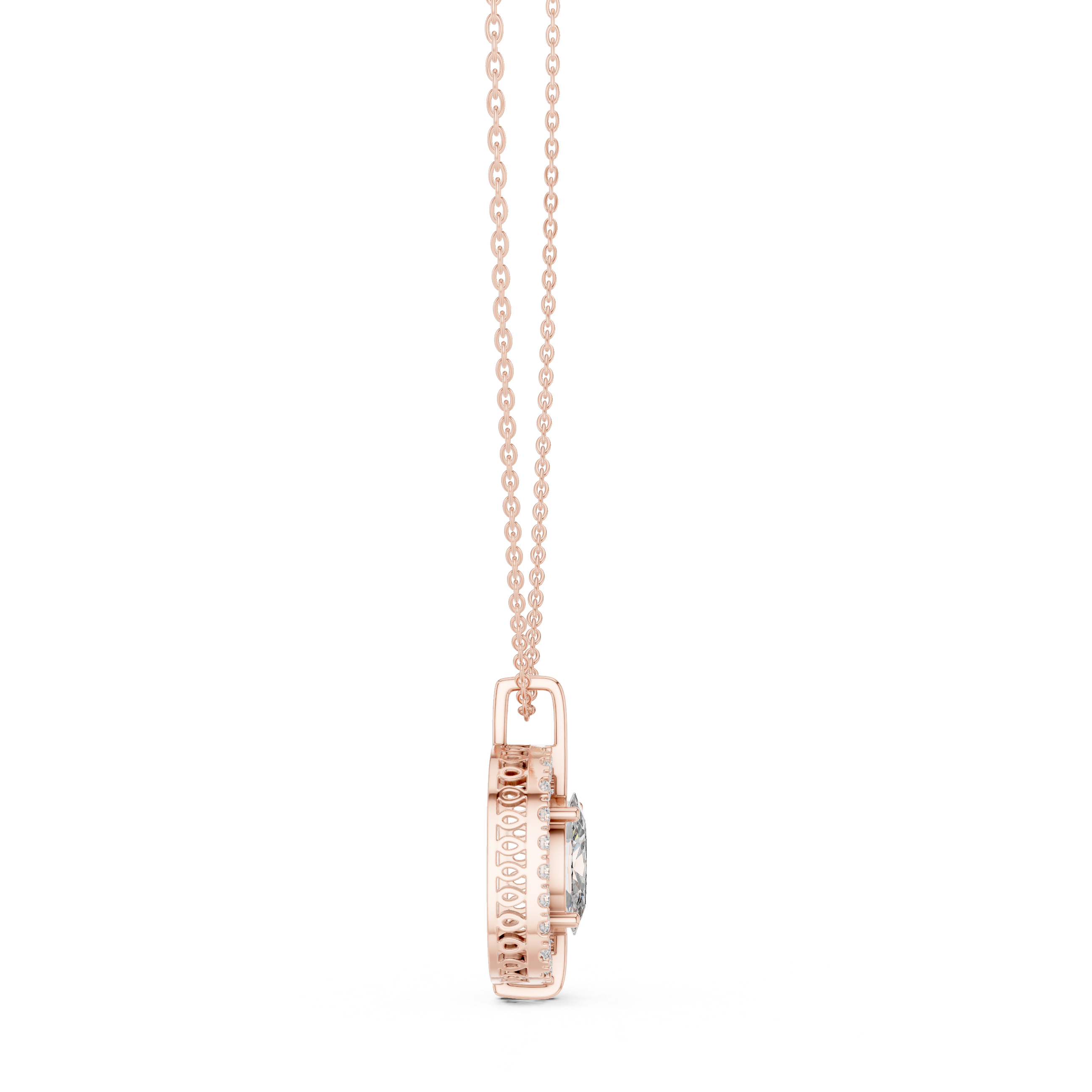 central round brilliant diamond and surrounding pavé diamonds.