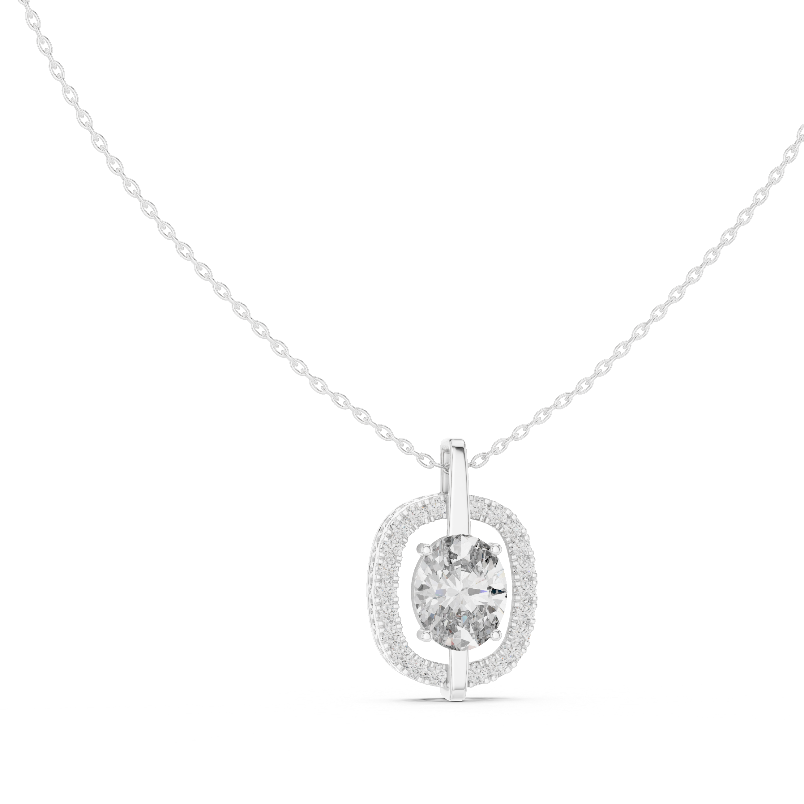 central round brilliant diamond and surrounding pavé diamonds.