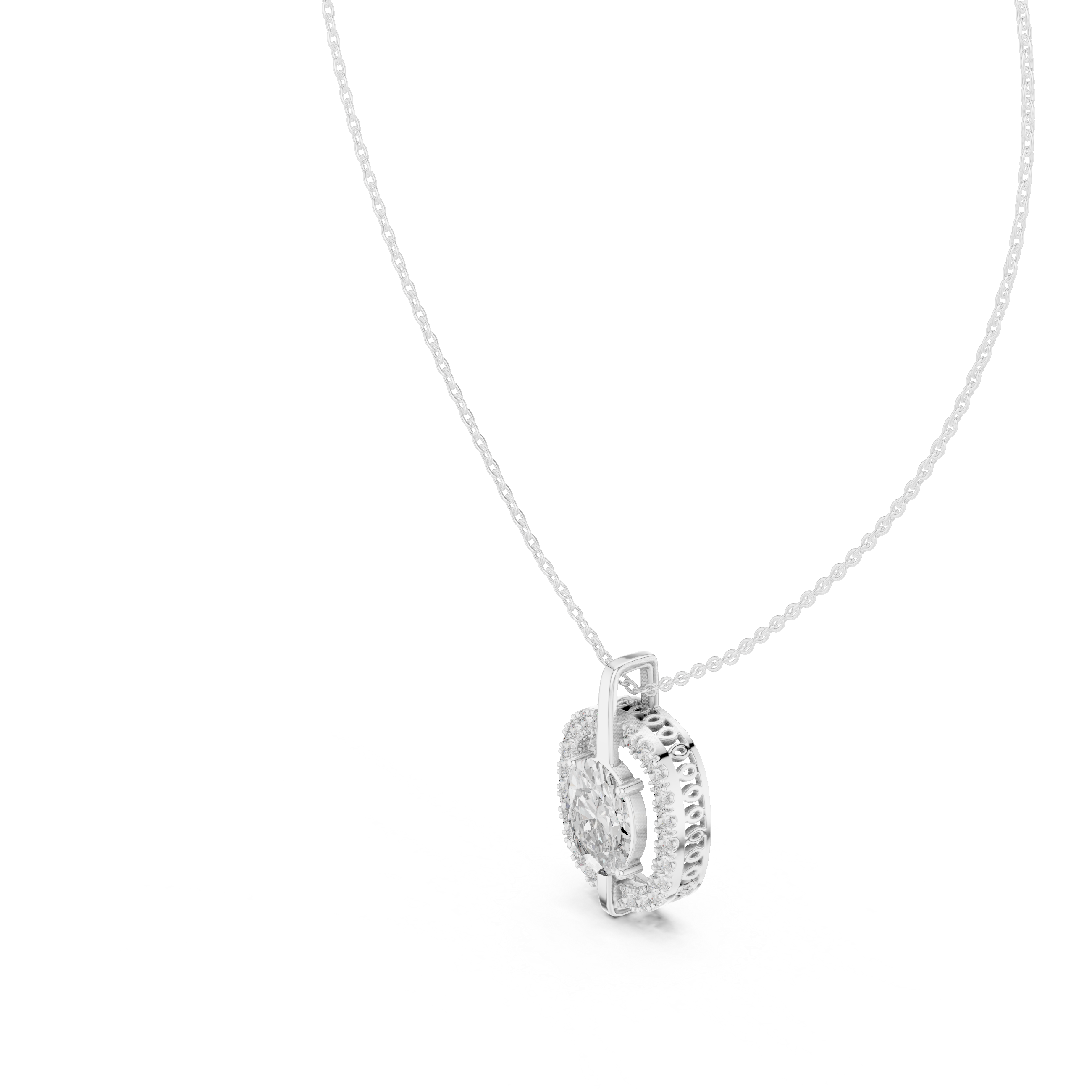 central round brilliant diamond and surrounding pavé diamonds.