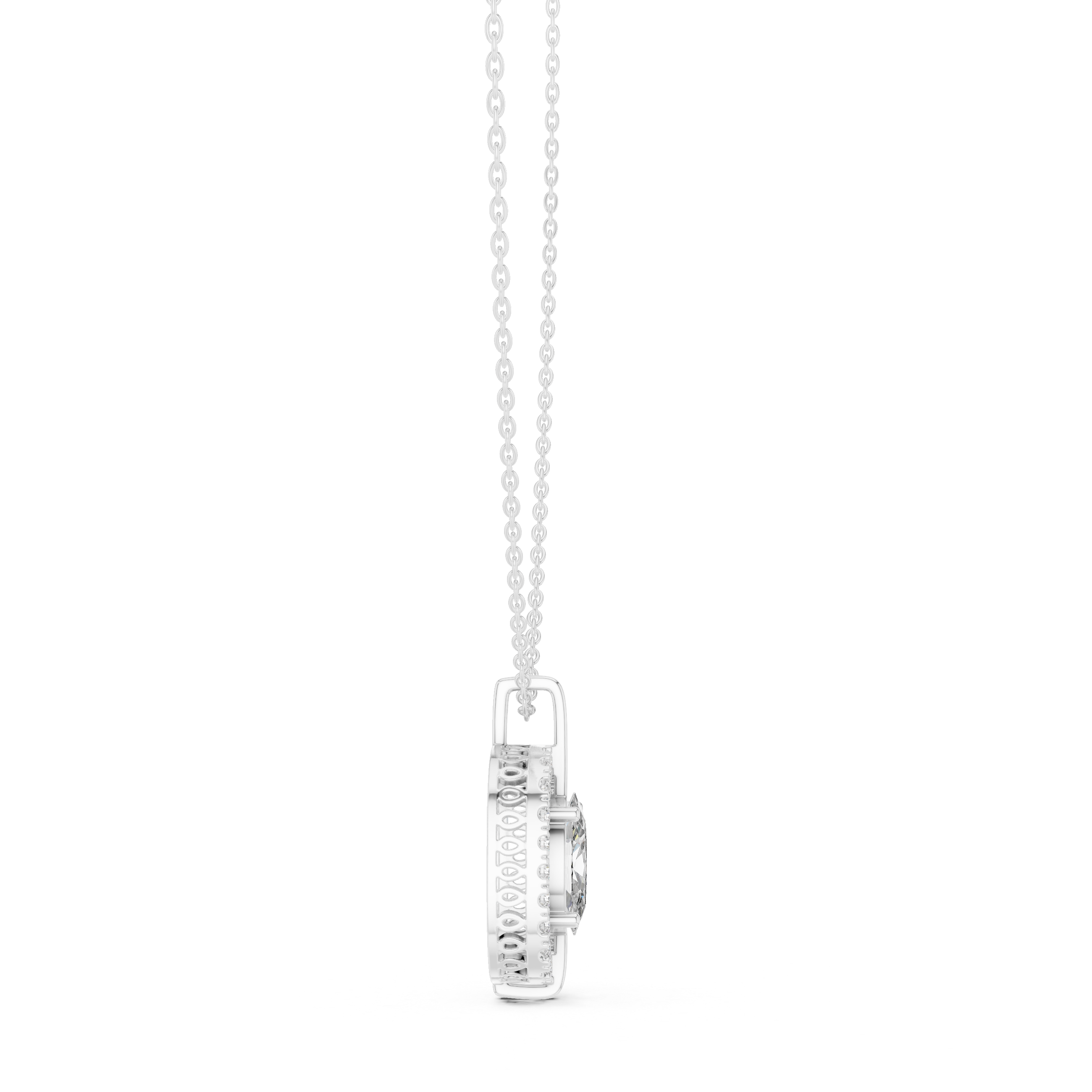 central round brilliant diamond and surrounding pavé diamonds.