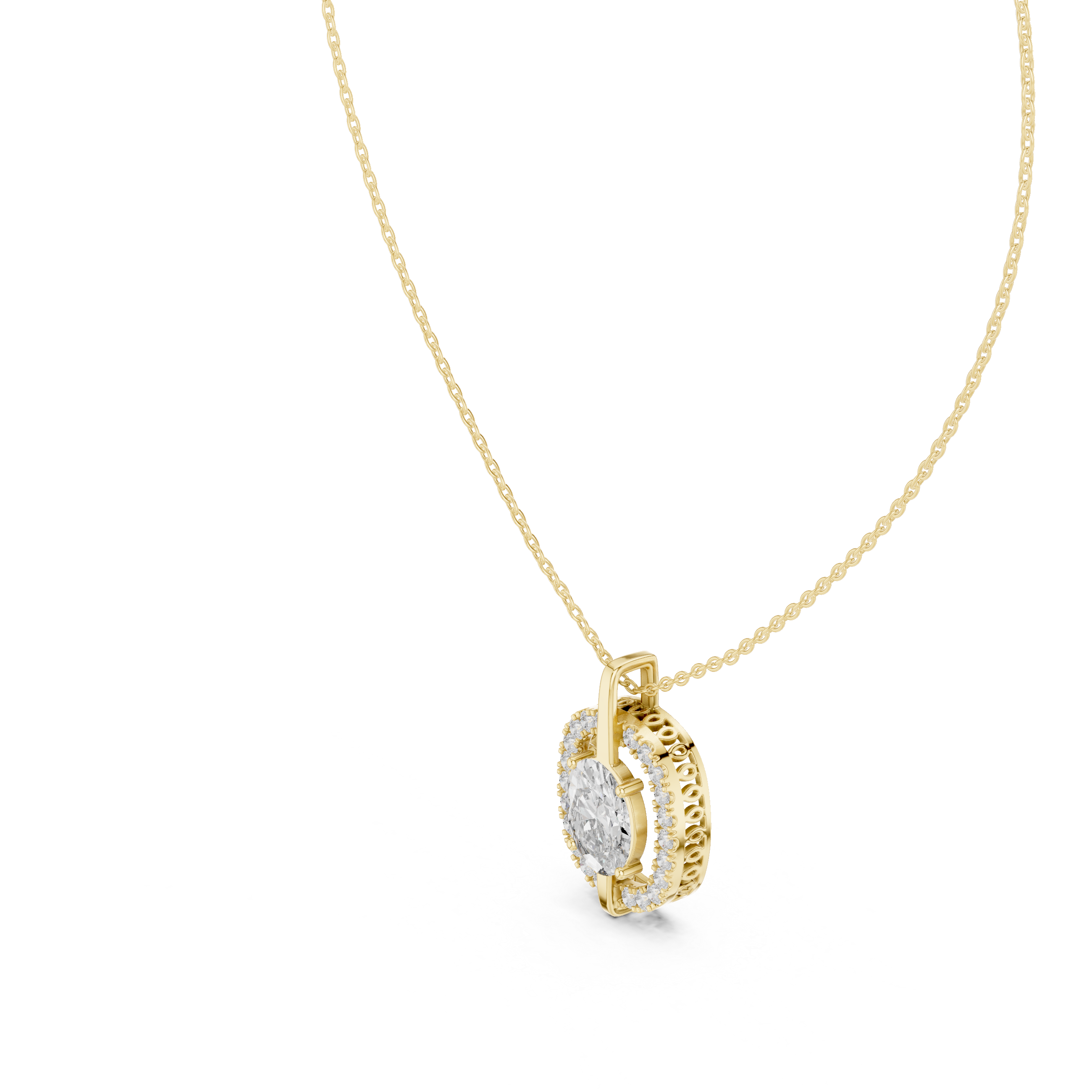 central round brilliant diamond and surrounding pavé diamonds.