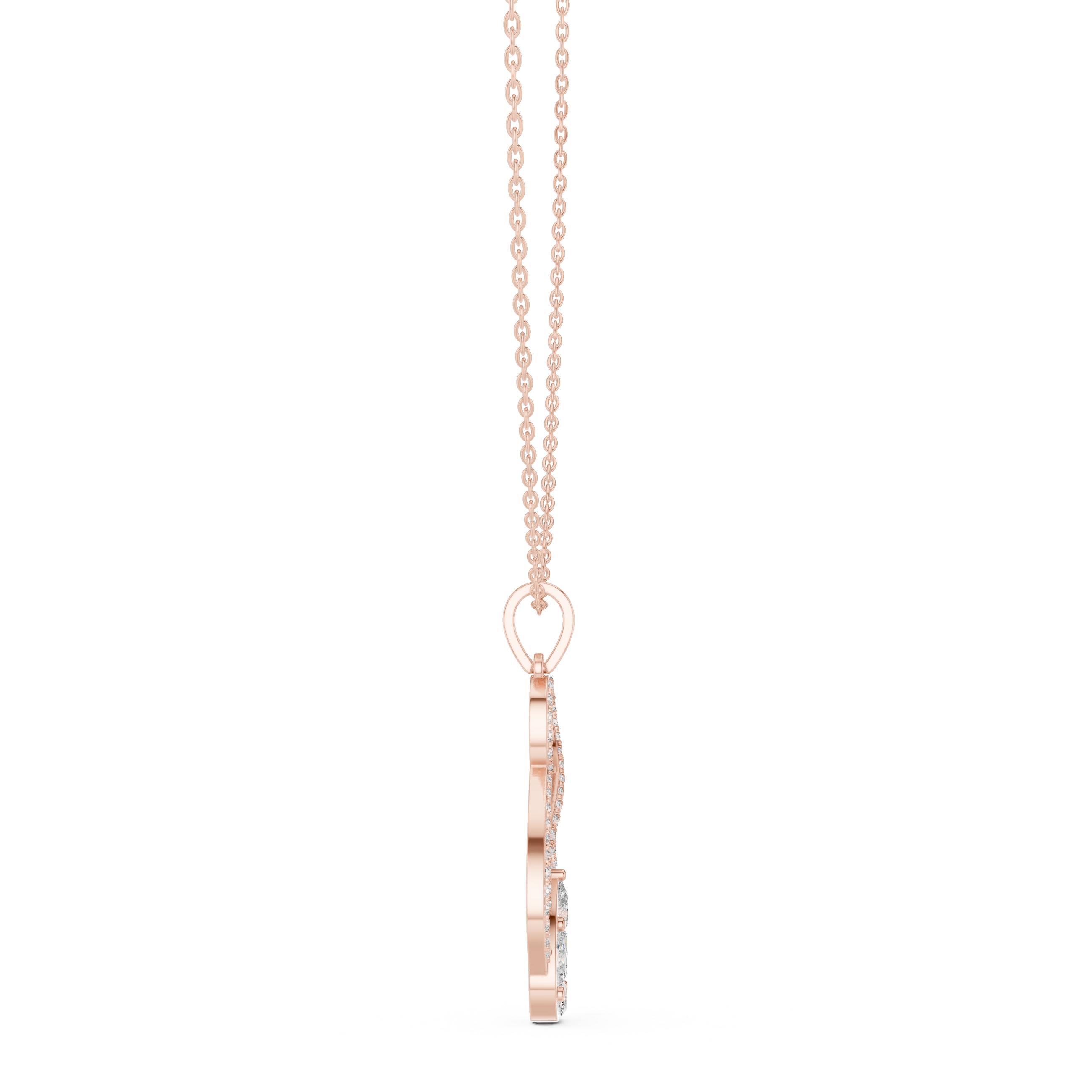 infinity-inspired pendant with a pavé diamond loop and a pear-shaped cluster centerpiece.