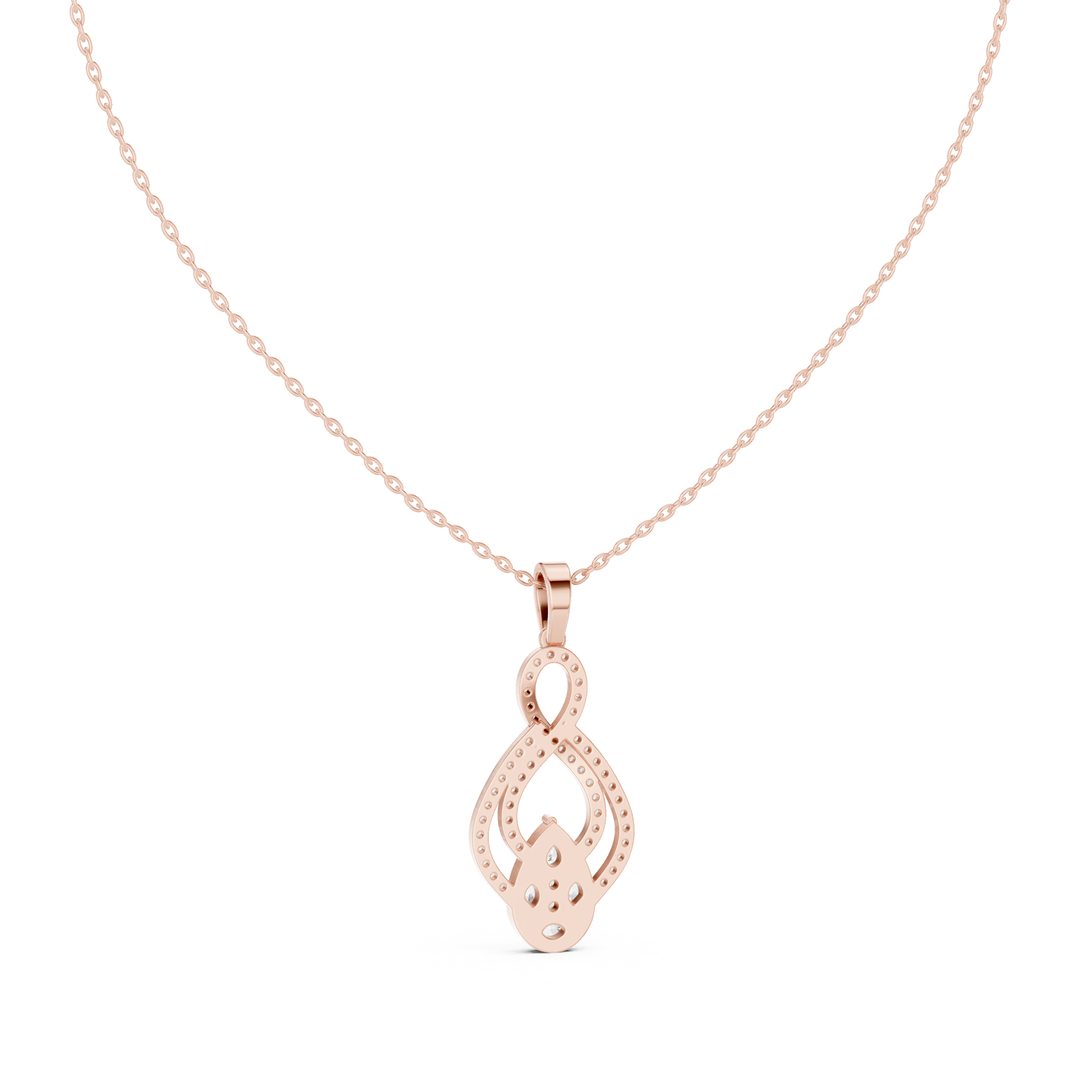 infinity-inspired pendant with a pavé diamond loop and a pear-shaped cluster centerpiece.