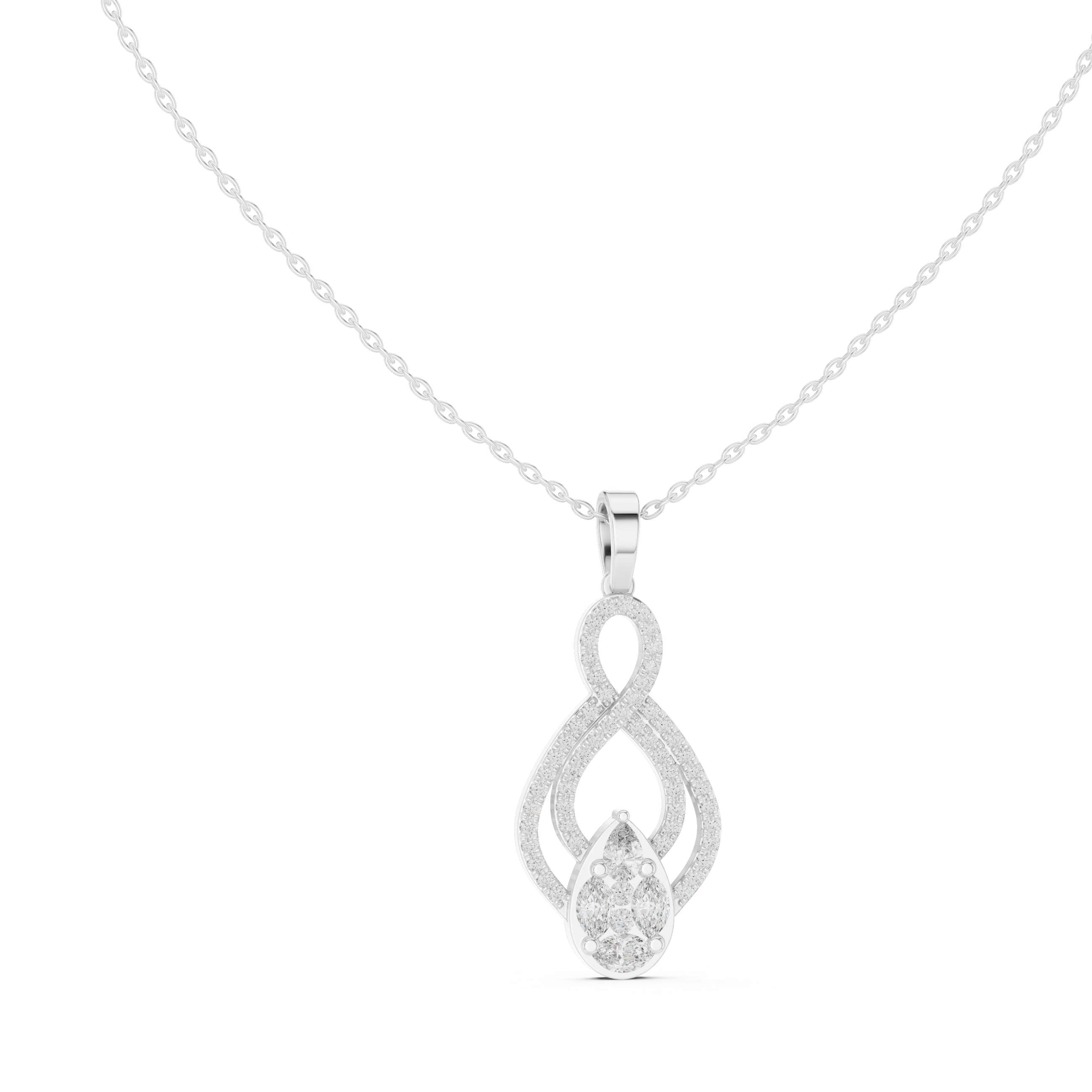infinity-inspired pendant with a pavé diamond loop and a pear-shaped cluster centerpiece.
