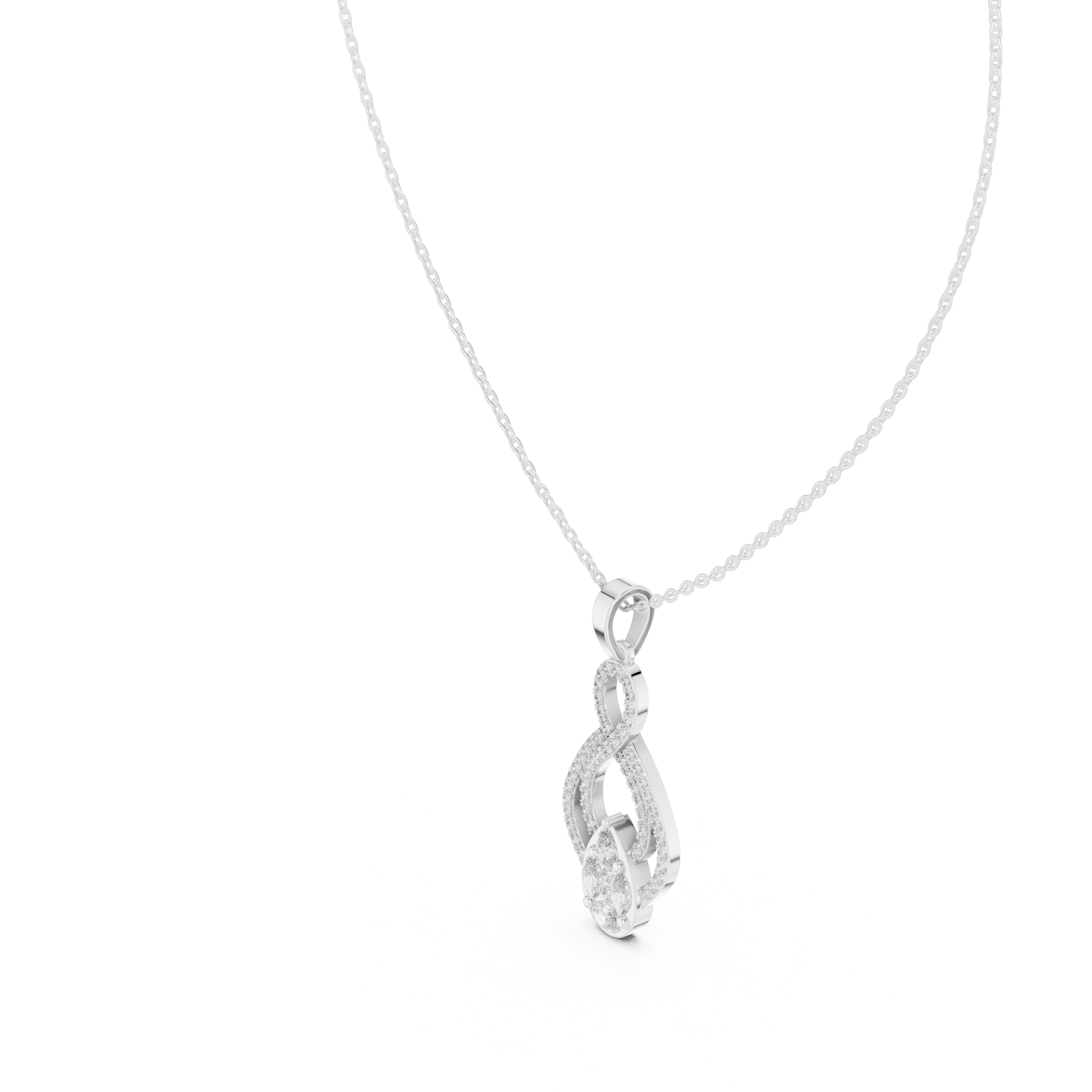 infinity-inspired pendant with a pavé diamond loop and a pear-shaped cluster centerpiece.