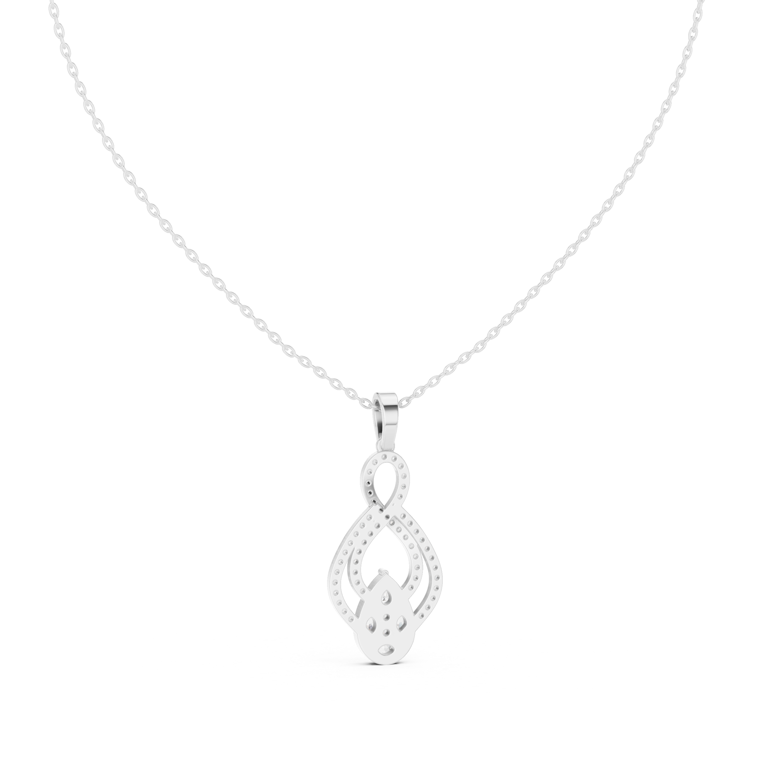 infinity-inspired pendant with a pavé diamond loop and a pear-shaped cluster centerpiece.