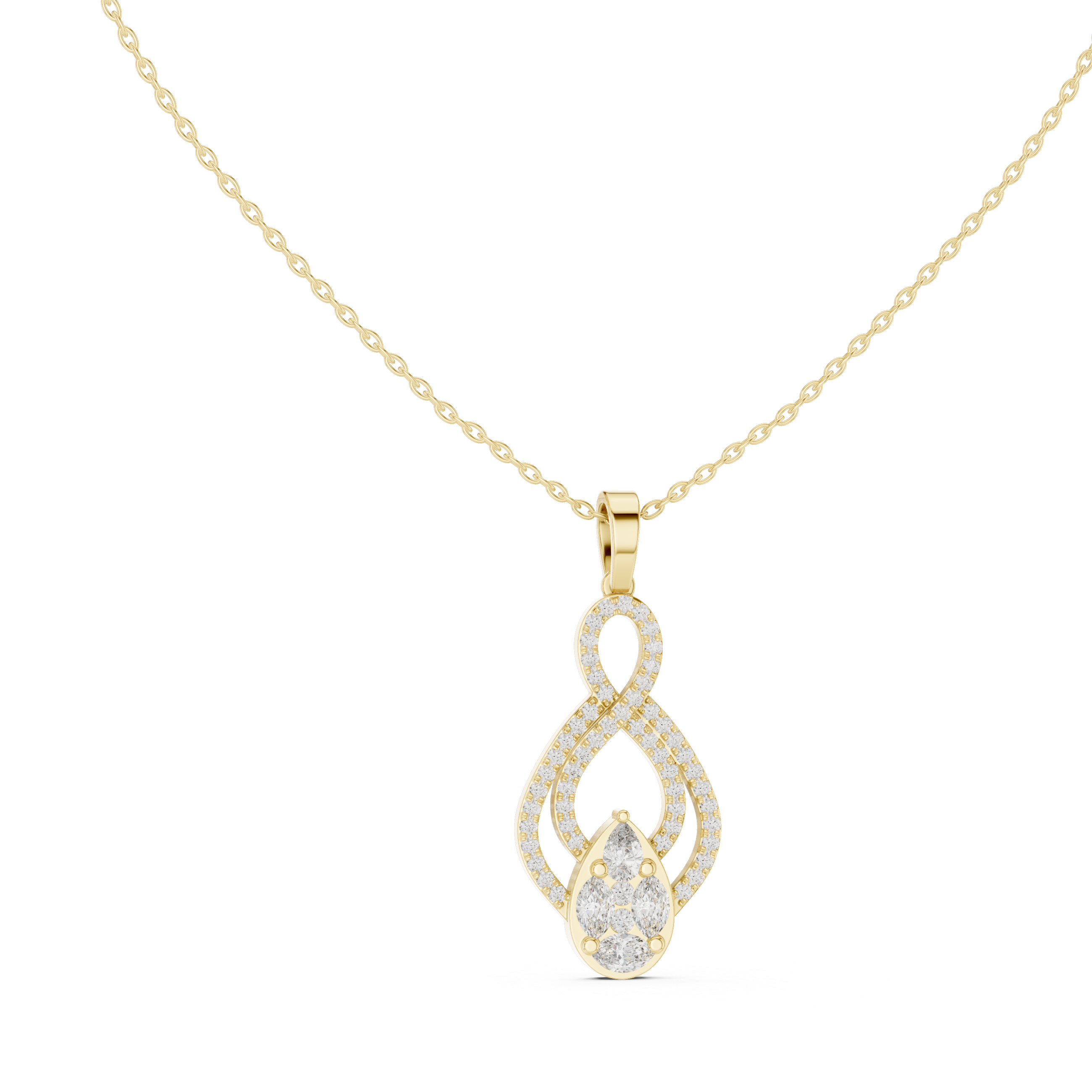 infinity-inspired pendant with a pavé diamond loop and a pear-shaped cluster centerpiece.