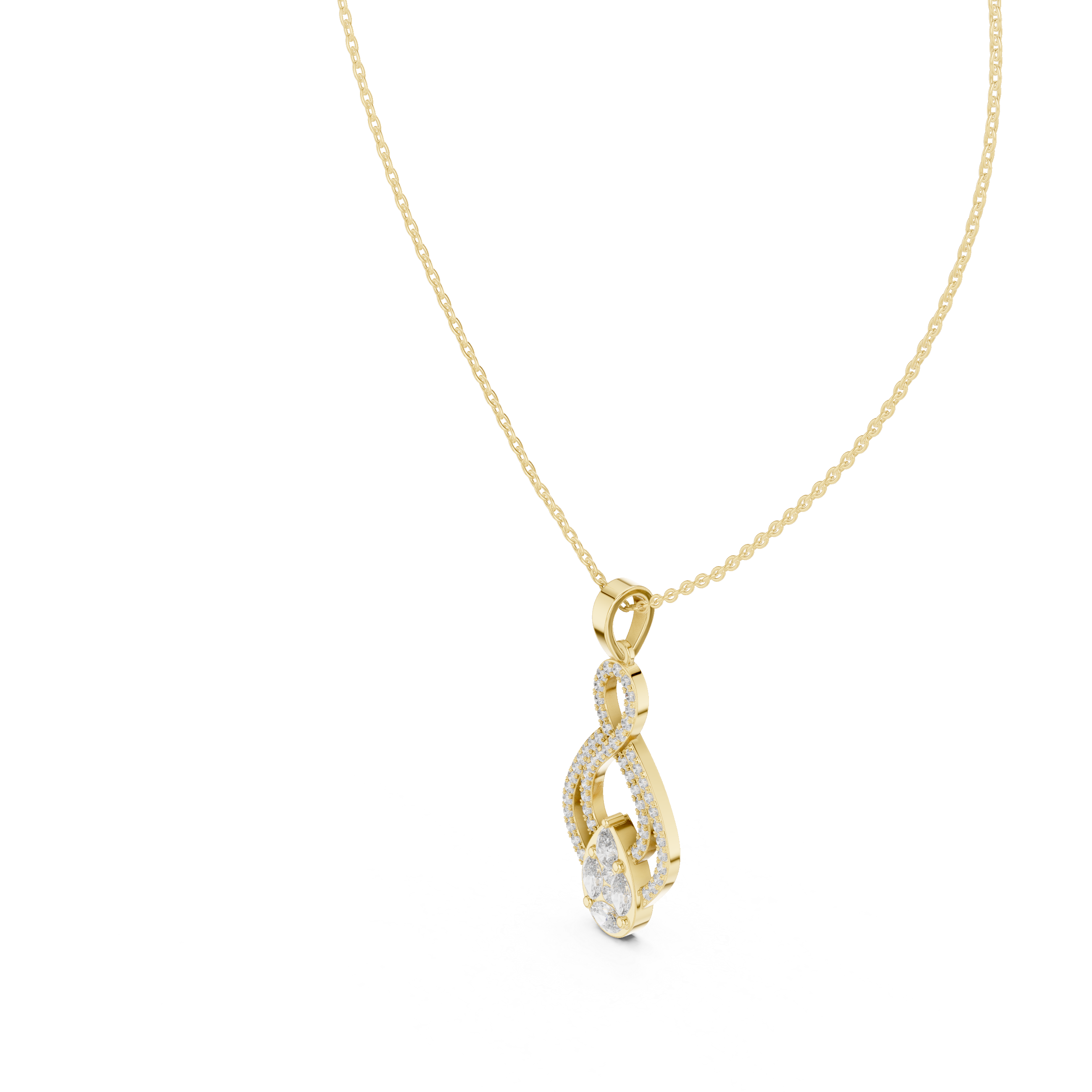 infinity-inspired pendant with a pavé diamond loop and a pear-shaped cluster centerpiece.