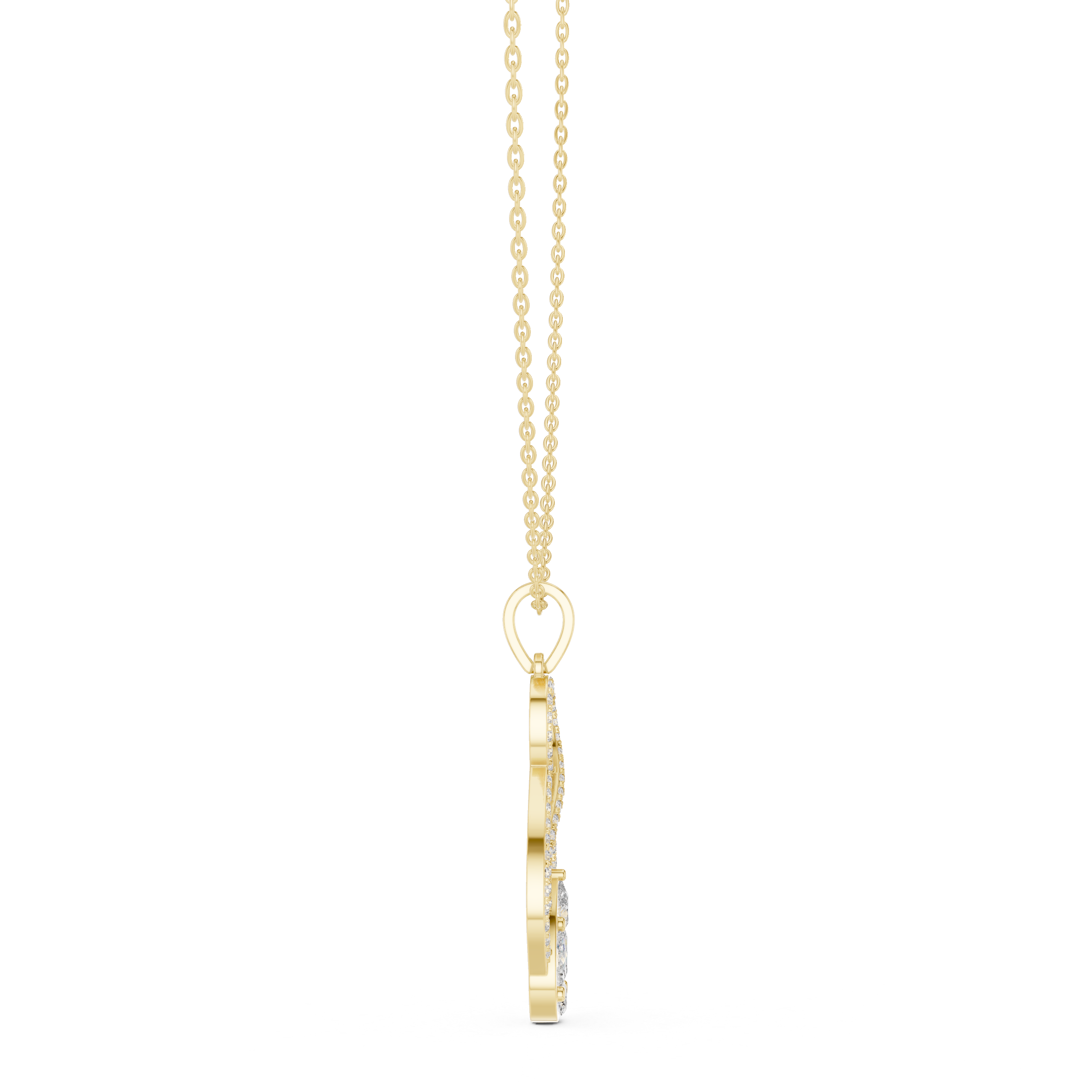 infinity-inspired pendant with a pavé diamond loop and a pear-shaped cluster centerpiece.