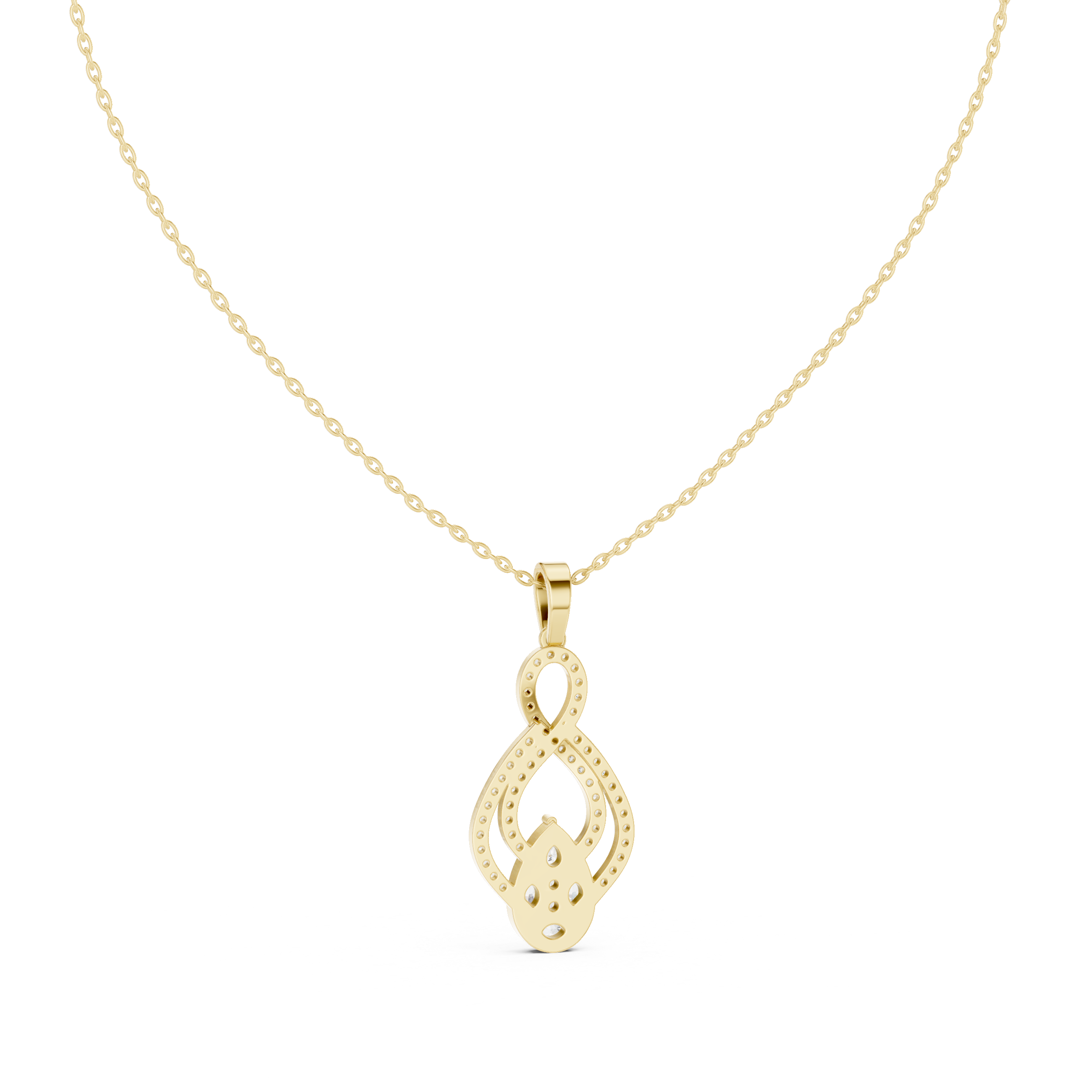 infinity-inspired pendant with a pavé diamond loop and a pear-shaped cluster centerpiece.