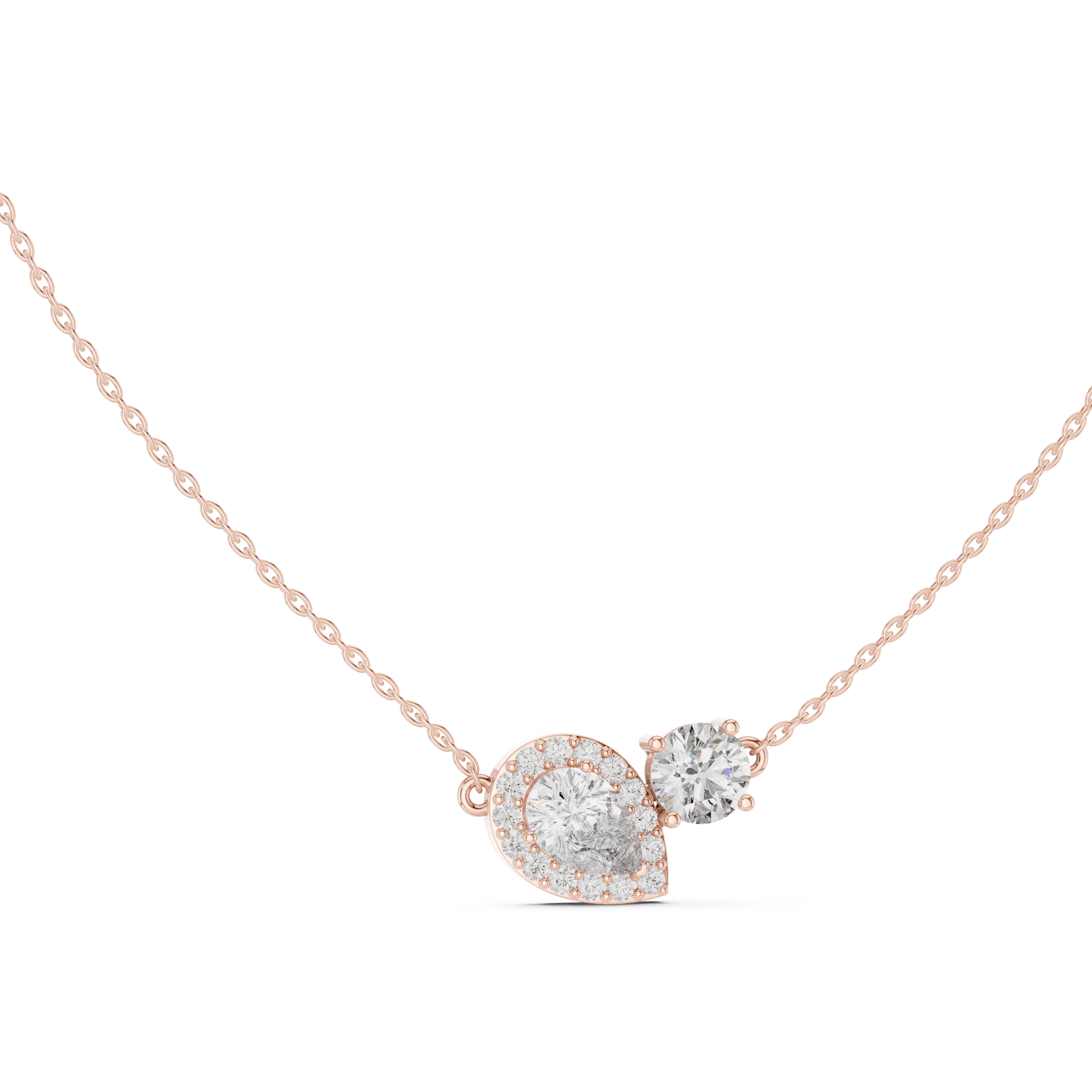 Pear and round diamond duo pendant with a pavé halo