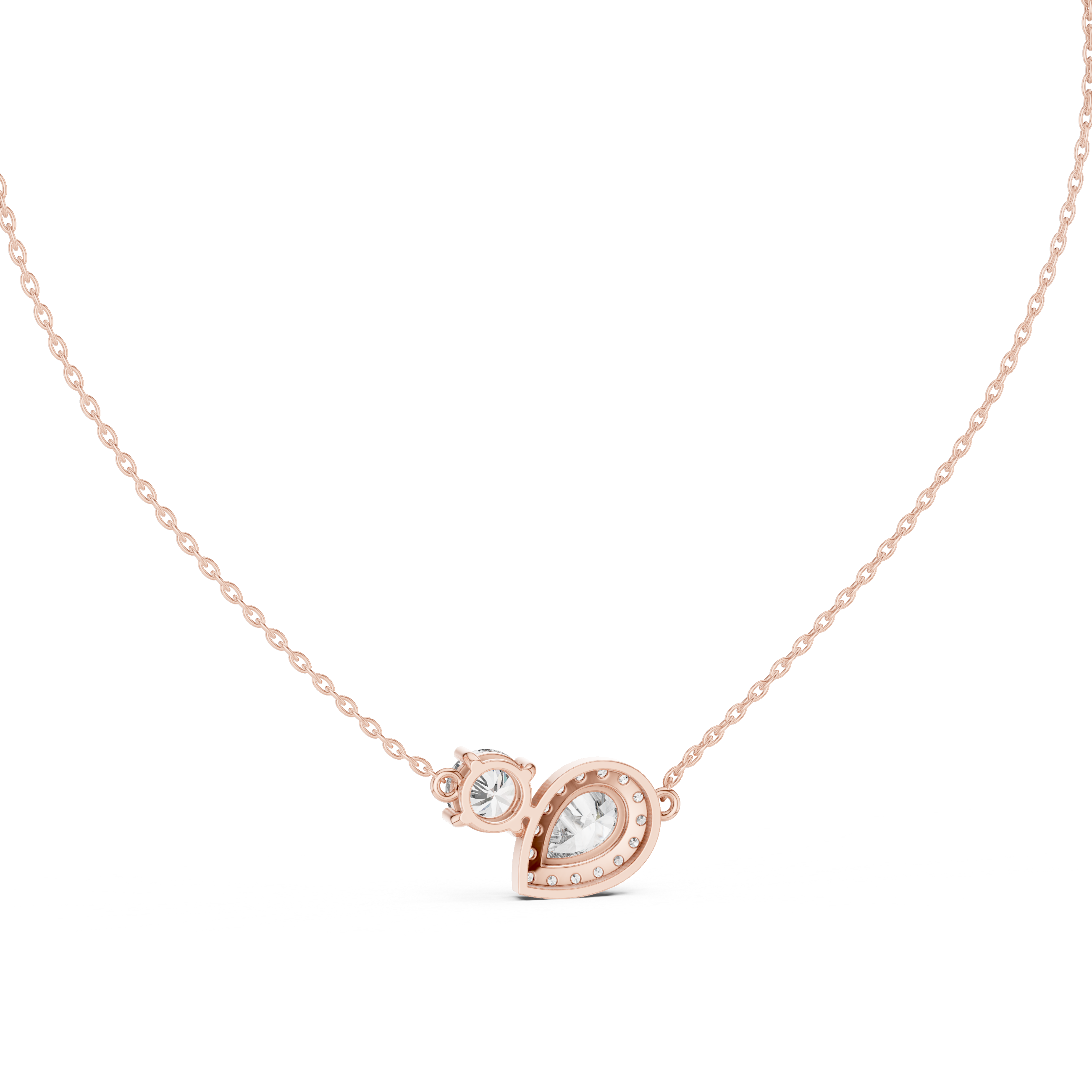 Pear and round diamond duo pendant with a pavé halo