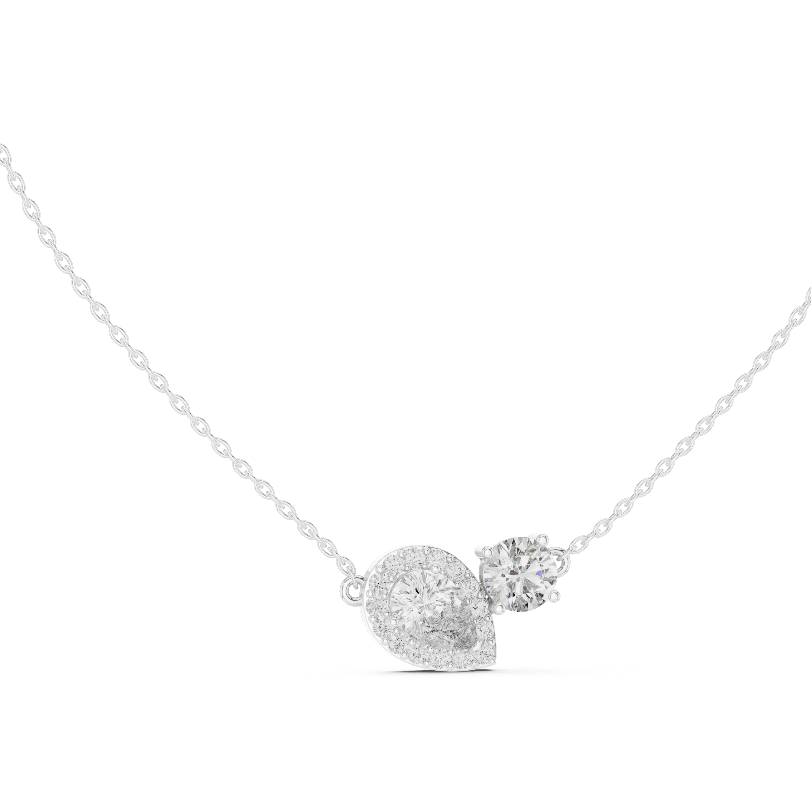 Pear and round diamond duo pendant with a pavé halo