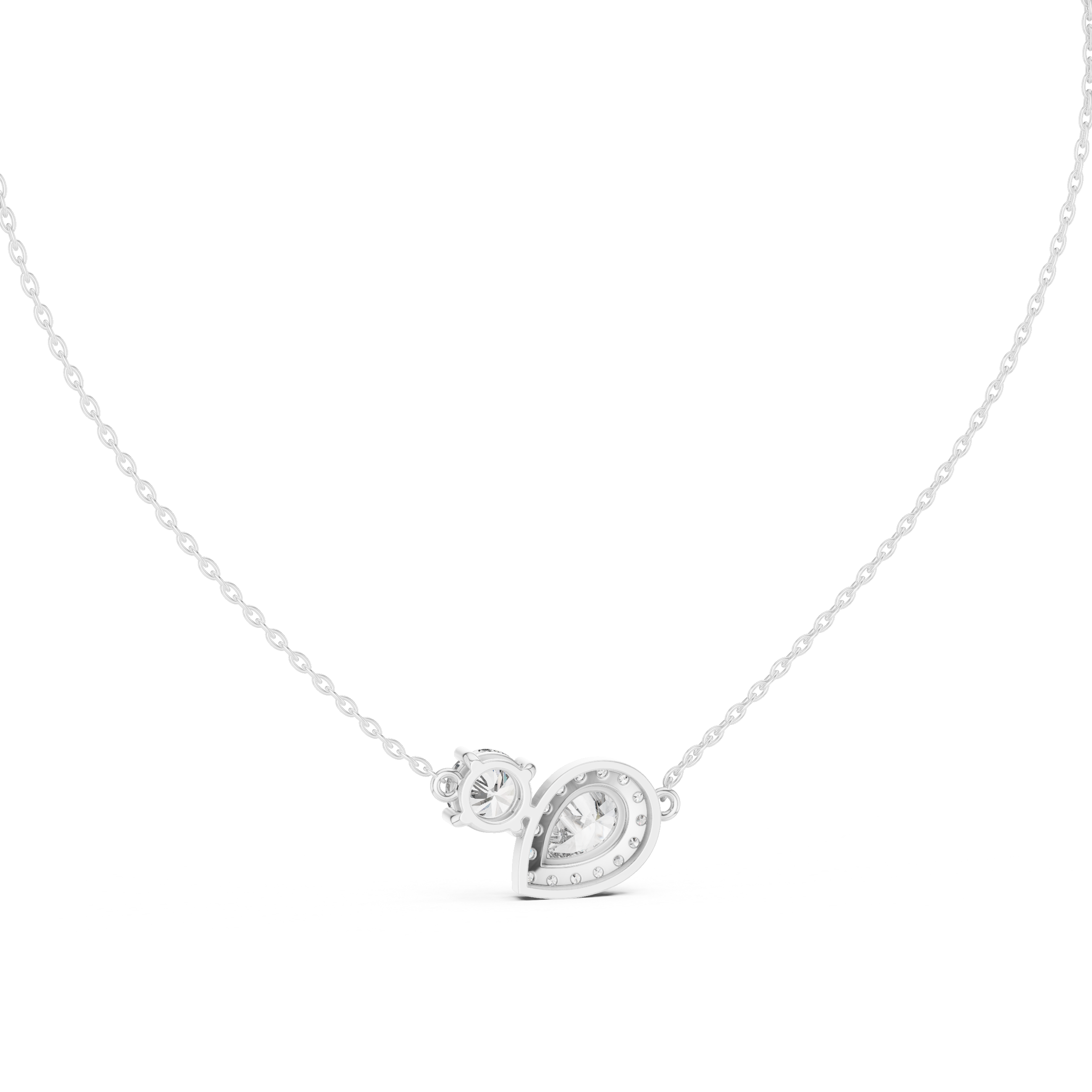 Pear and round diamond duo pendant with a pavé halo