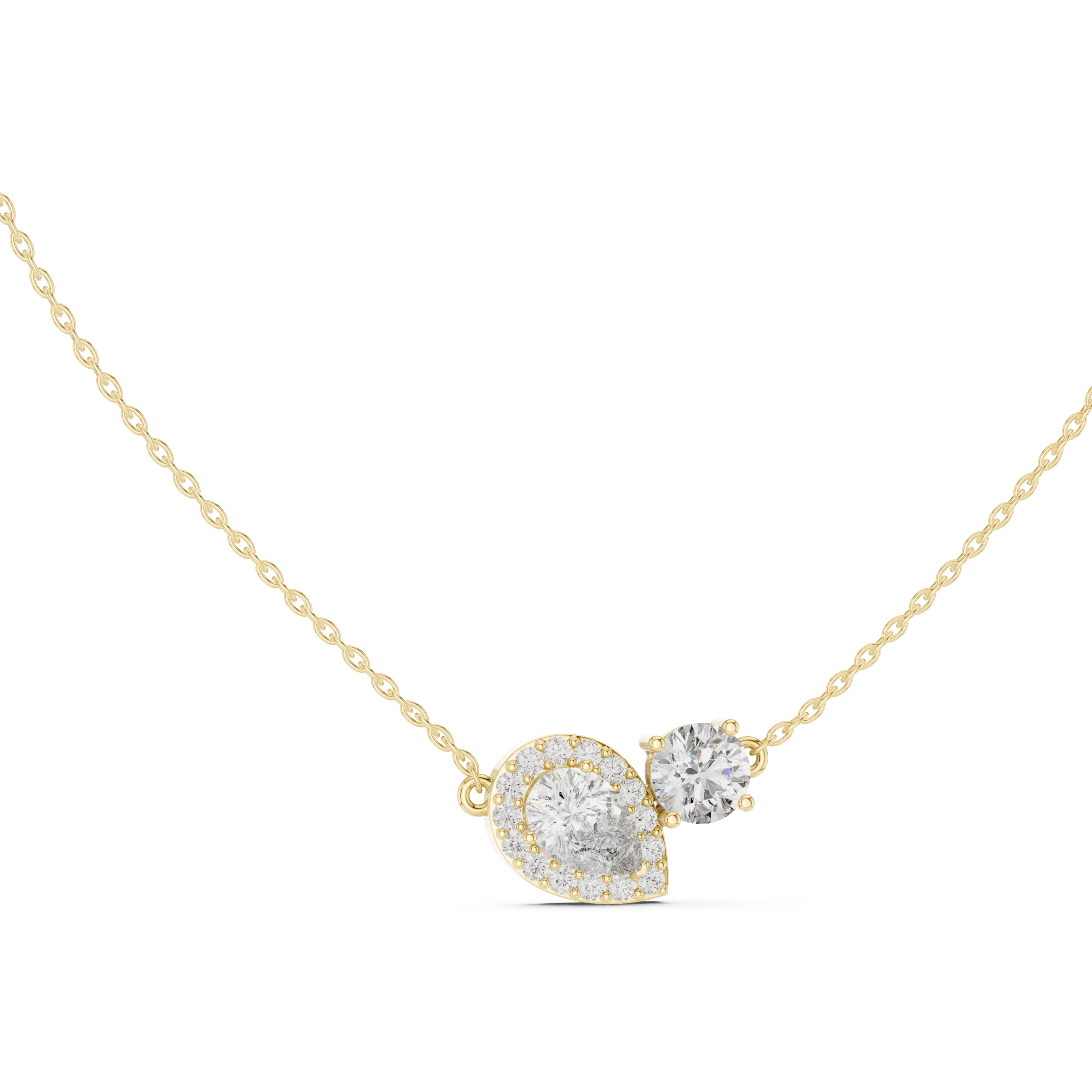 Pear and round diamond duo pendant with a pavé halo
