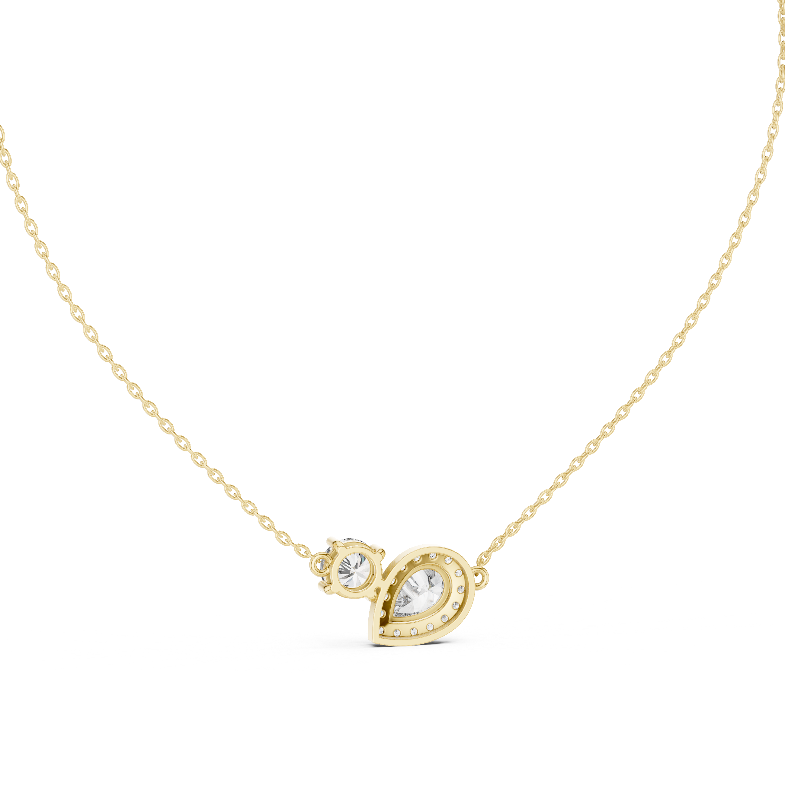 Pear and round diamond duo pendant with a pavé halo