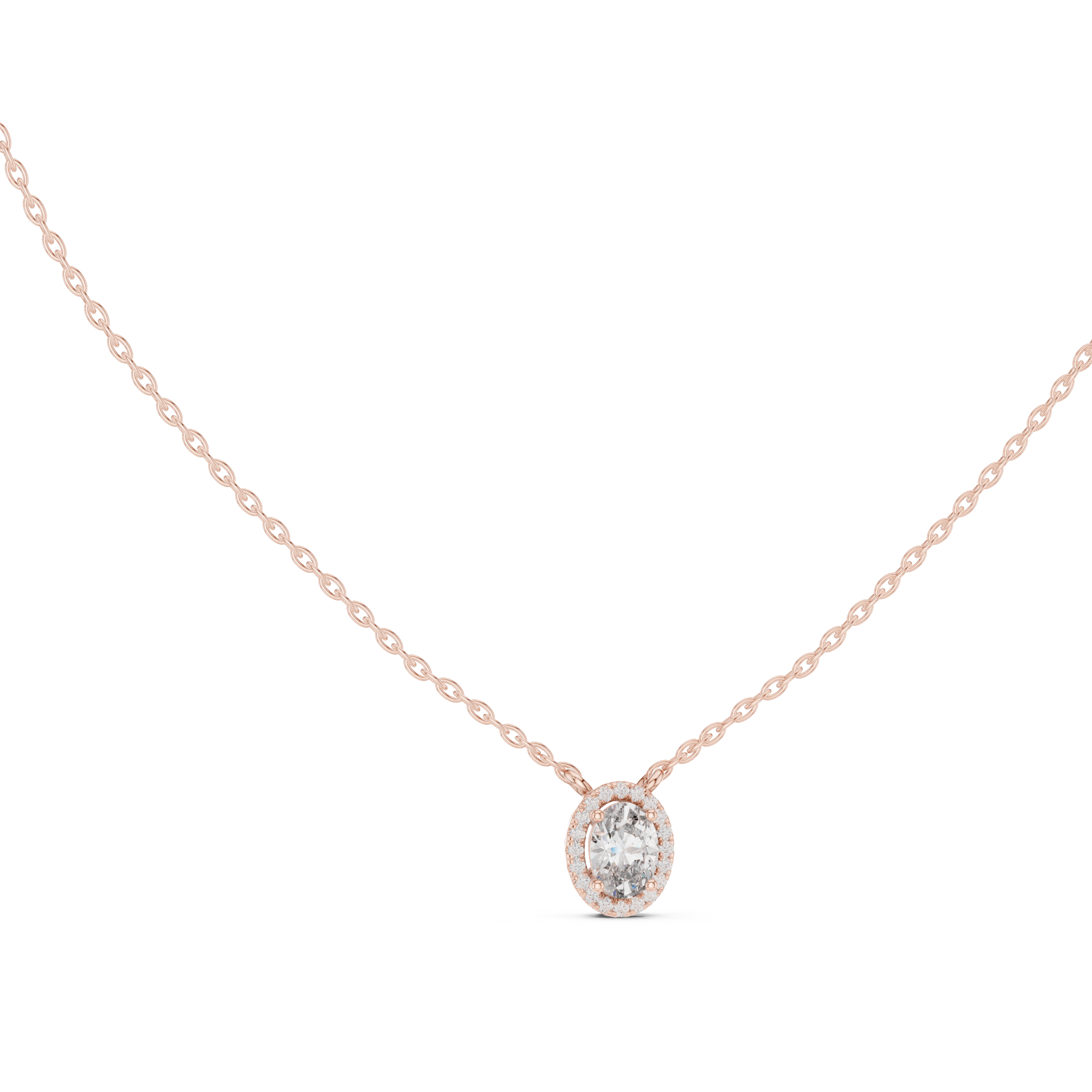 oval-cut diamond surrounded by a halo of smaller diamonds.