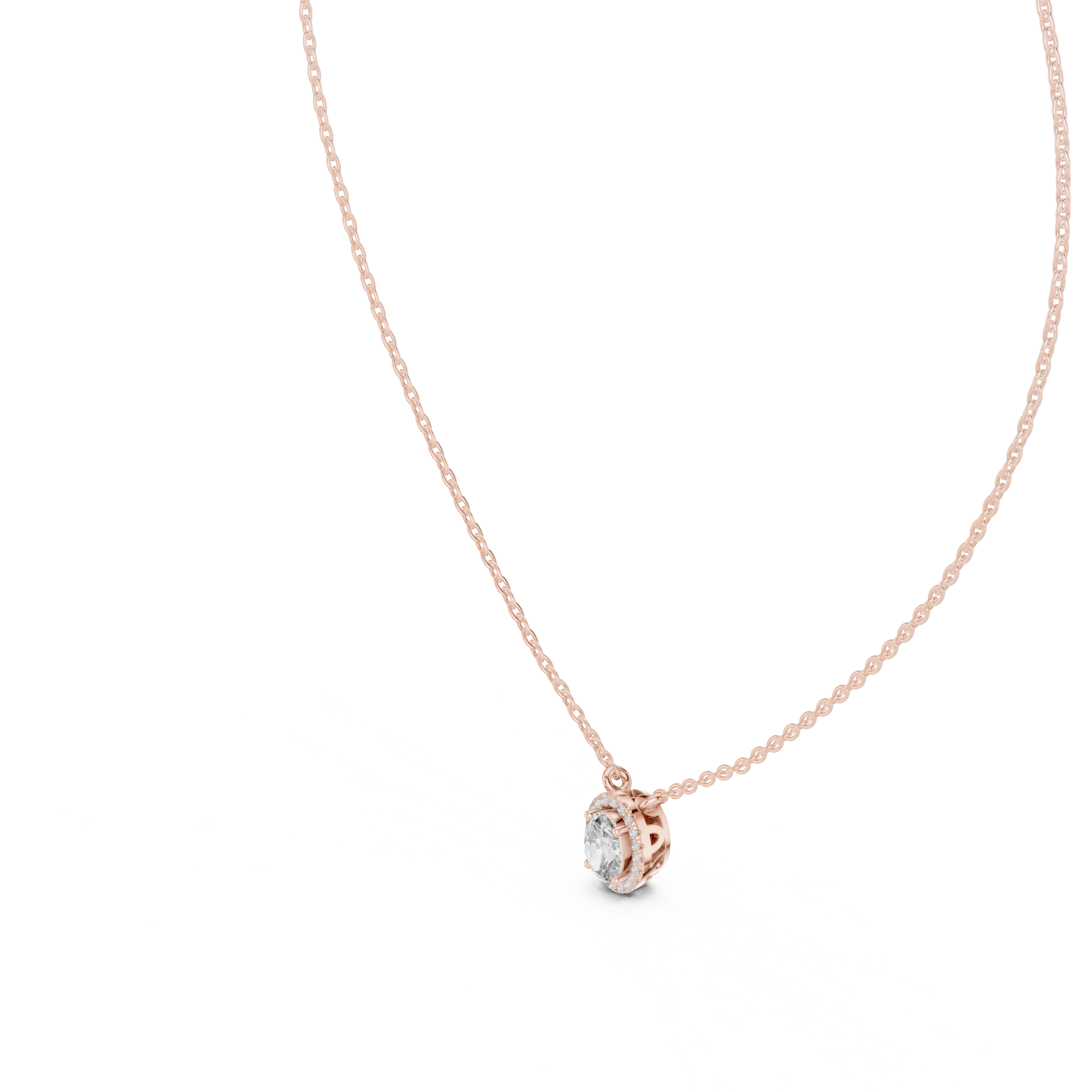 oval-cut diamond surrounded by a halo of smaller diamonds.