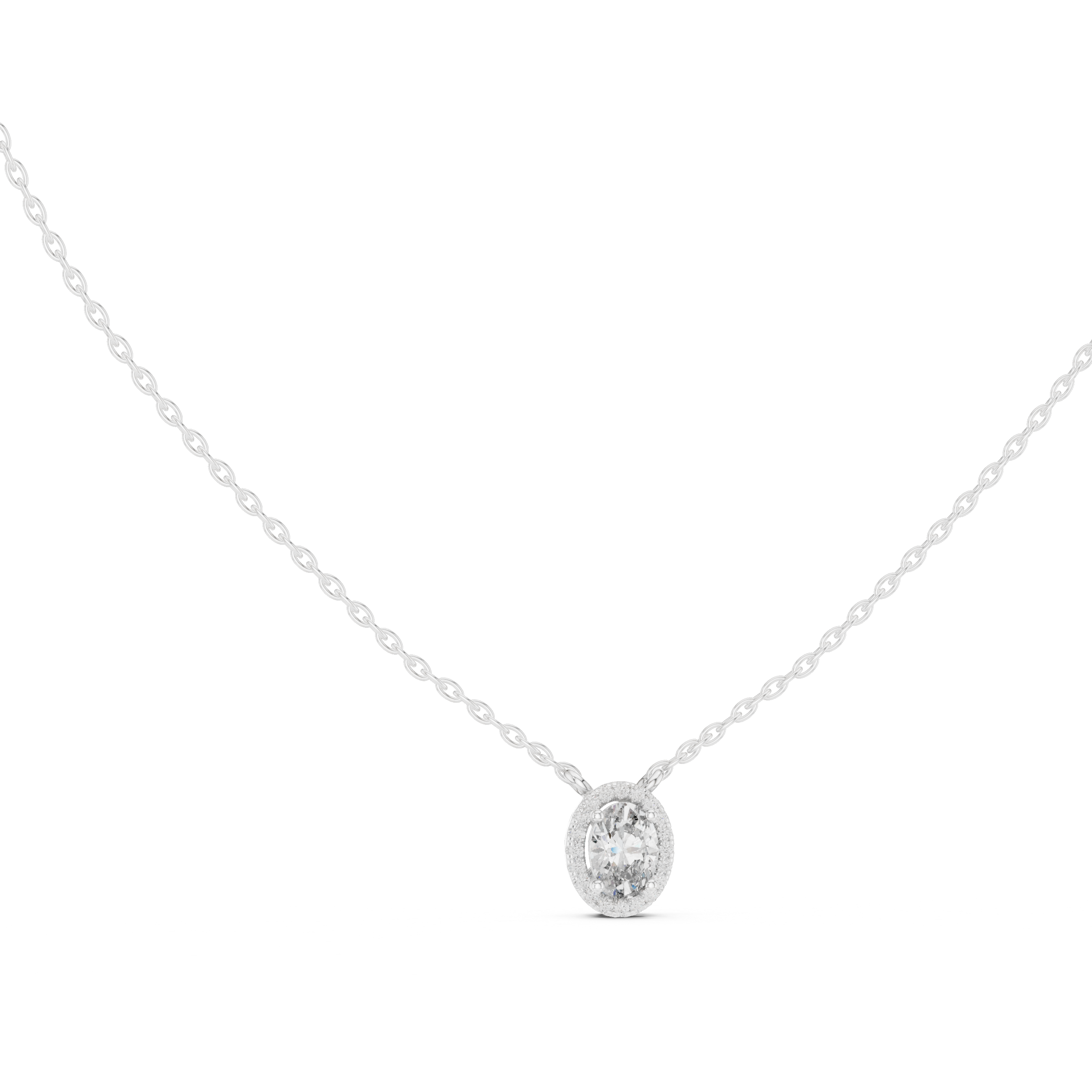 oval-cut diamond surrounded by a halo of smaller diamonds.
