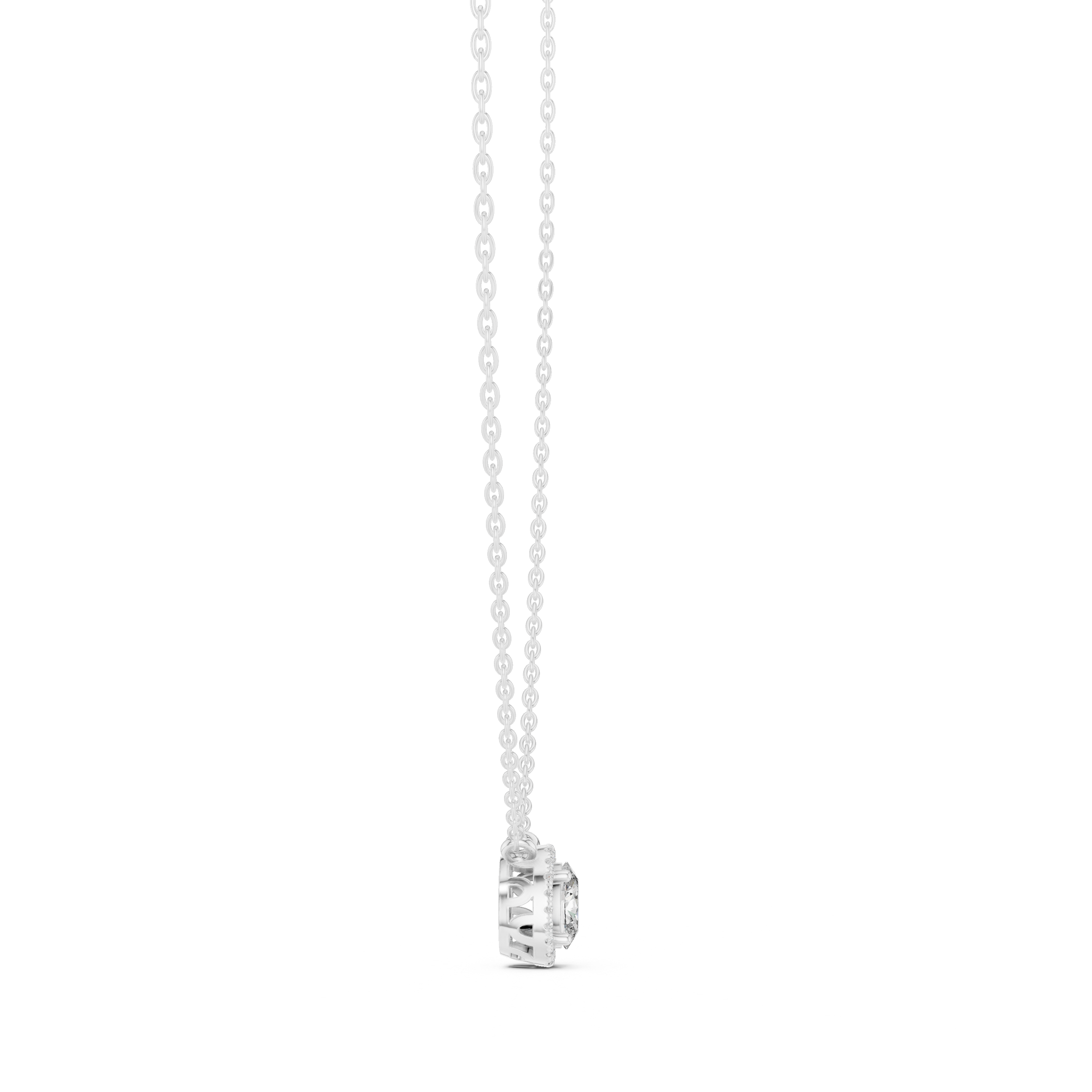 oval-cut diamond surrounded by a halo of smaller diamonds.