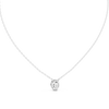 oval-cut diamond surrounded by a halo of smaller diamonds.