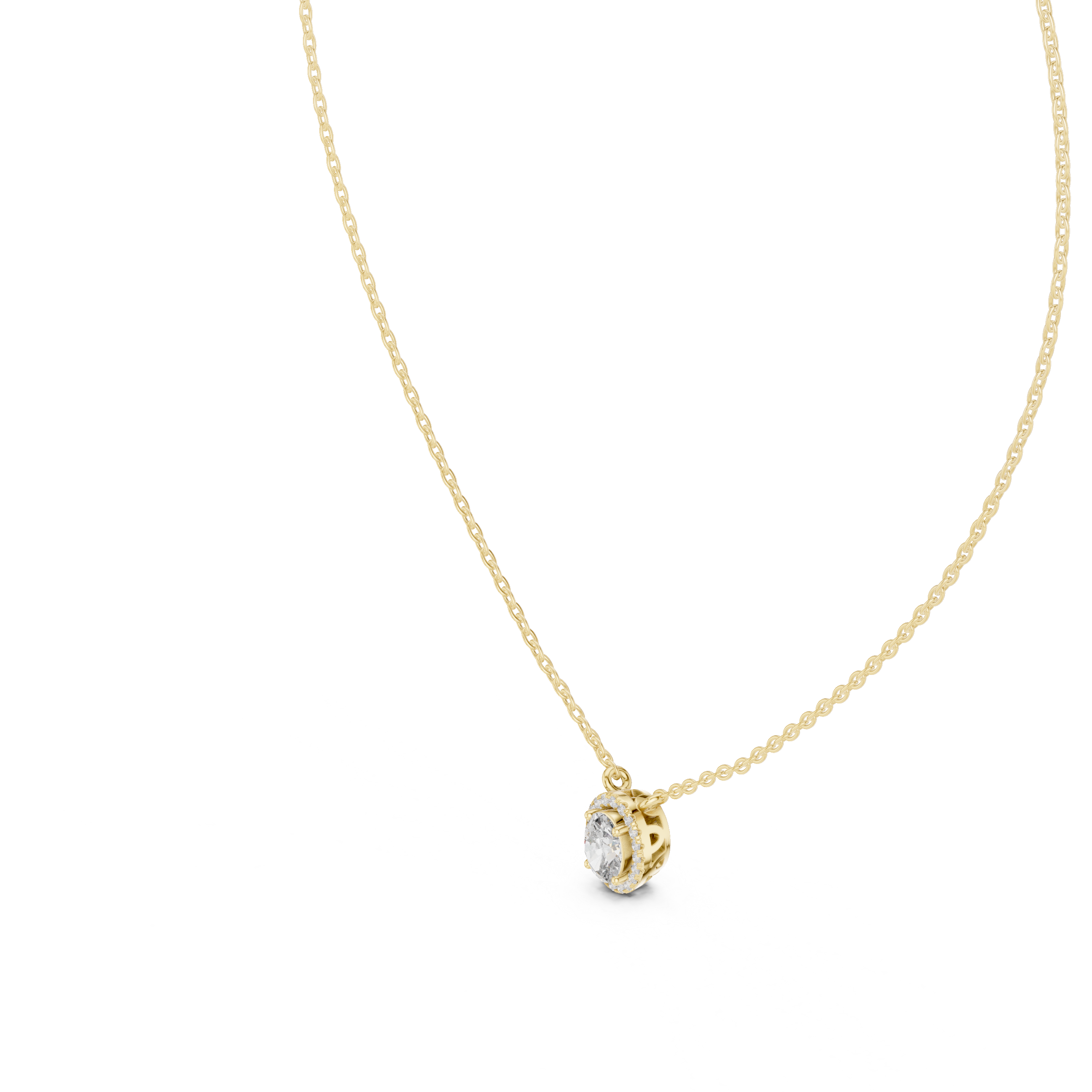 oval-cut diamond surrounded by a halo of smaller diamonds.