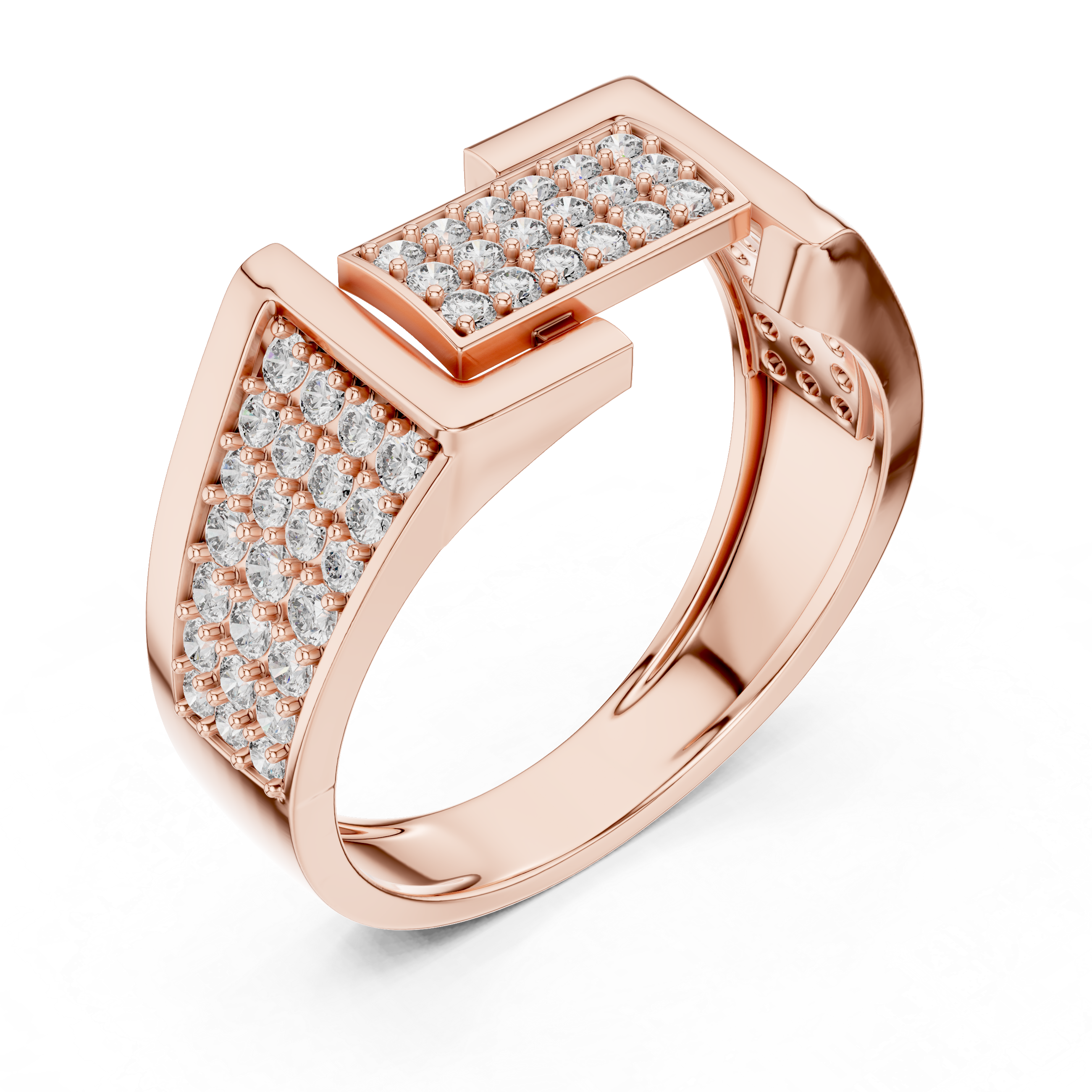 Contemporary Rose Gold Ring with Diamond-Encrusted Geometric Top