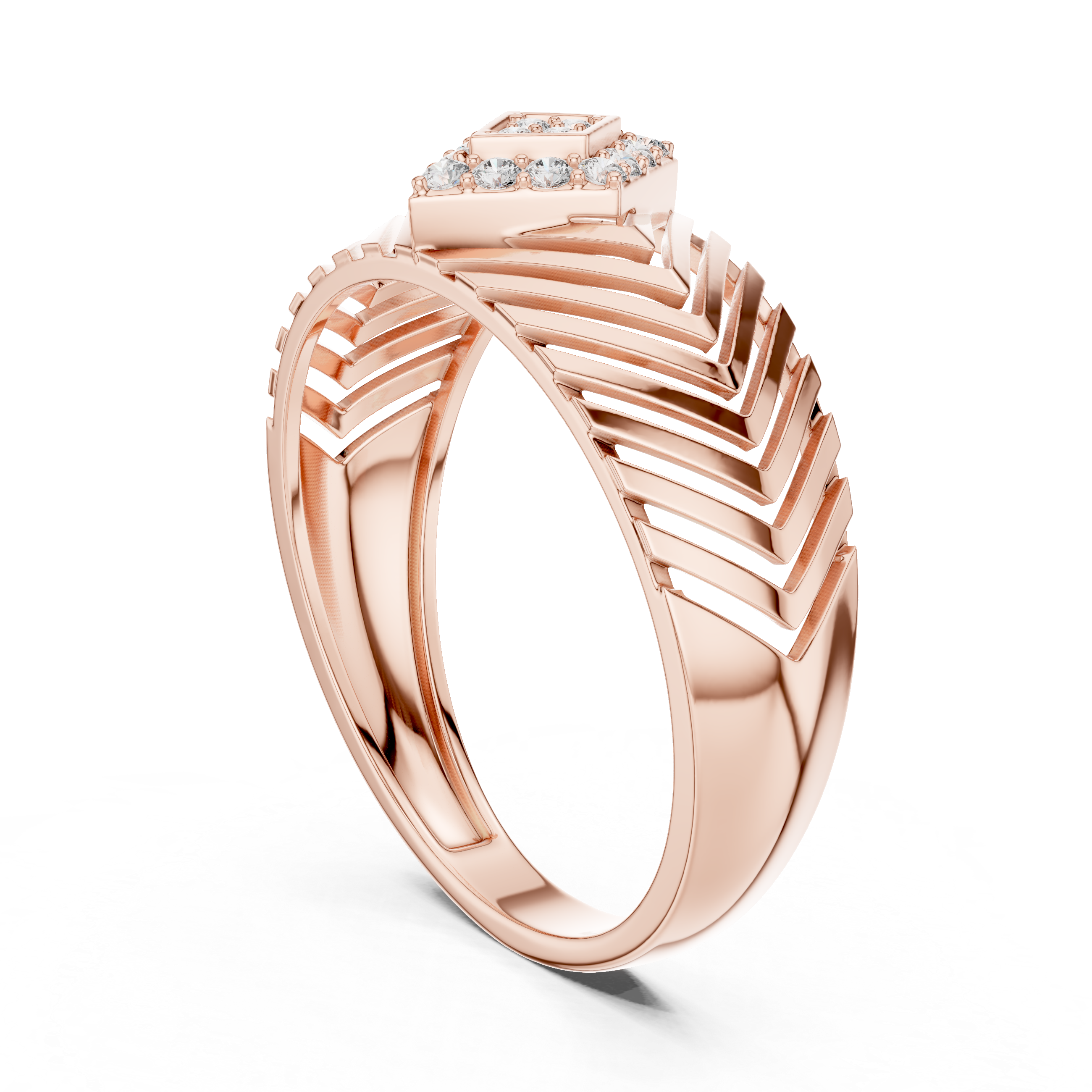 Chevron Pattern Gold Ring with Diamond Cluster