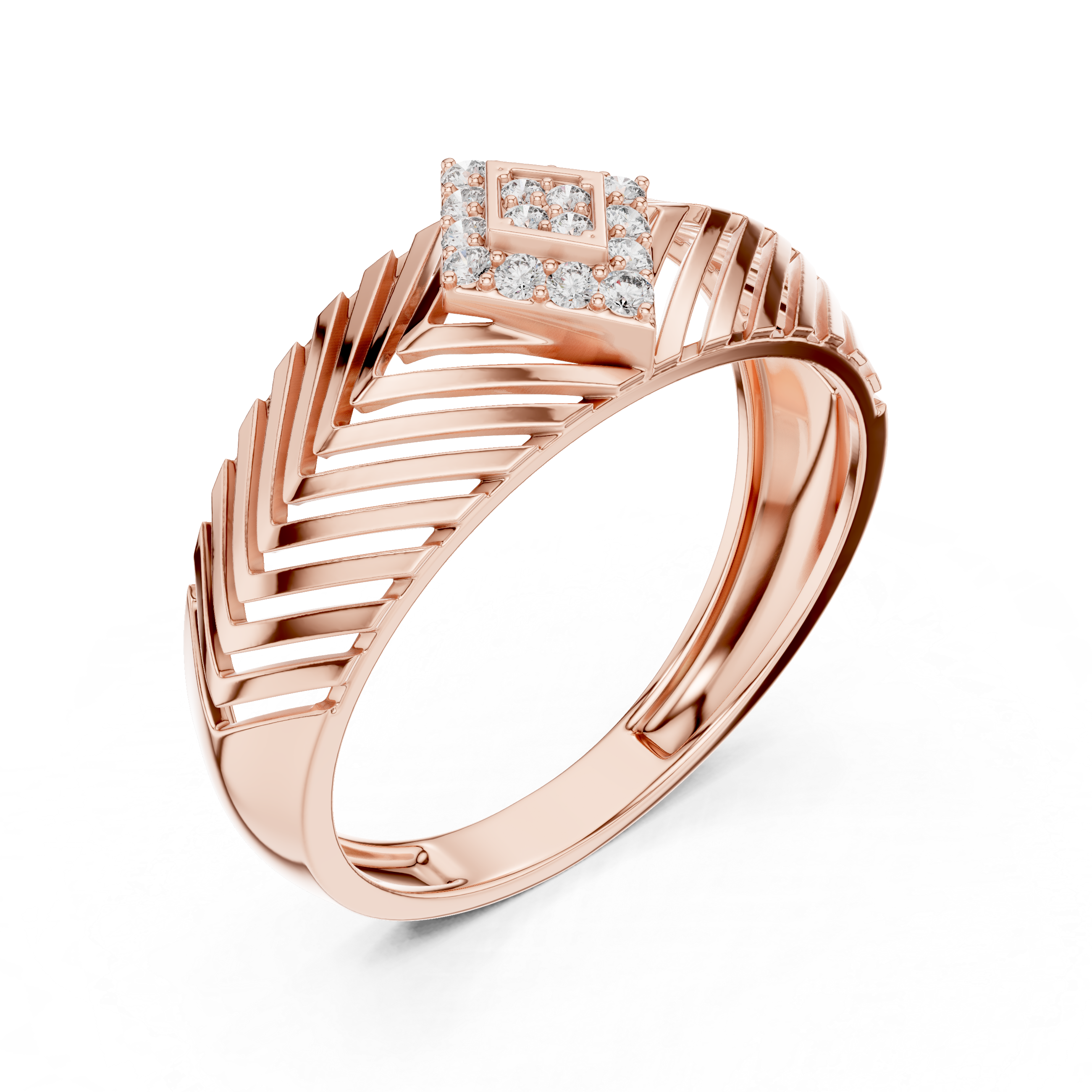 Chevron Pattern Gold Ring with Diamond Cluster