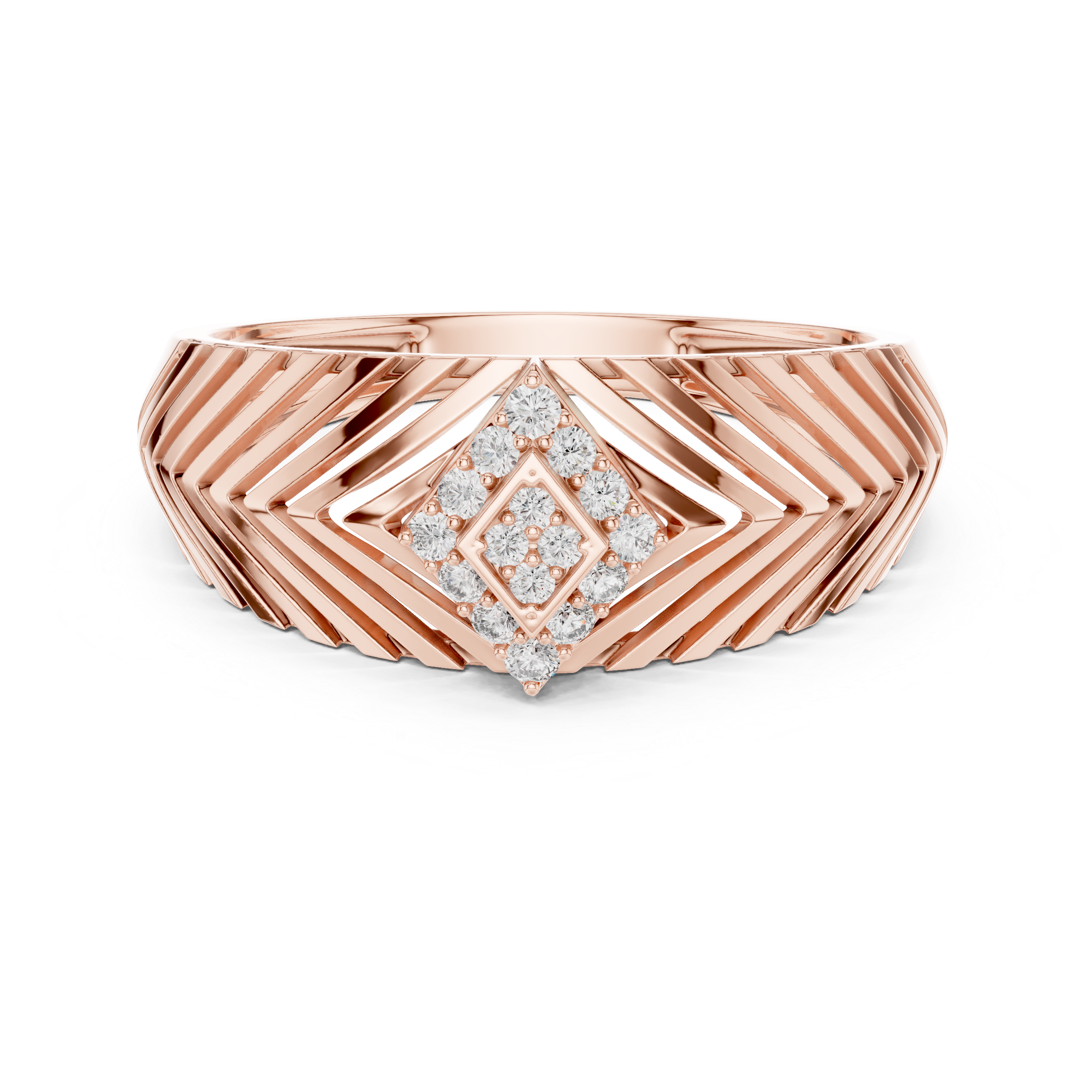 Chevron Pattern Gold Ring with Diamond Cluster