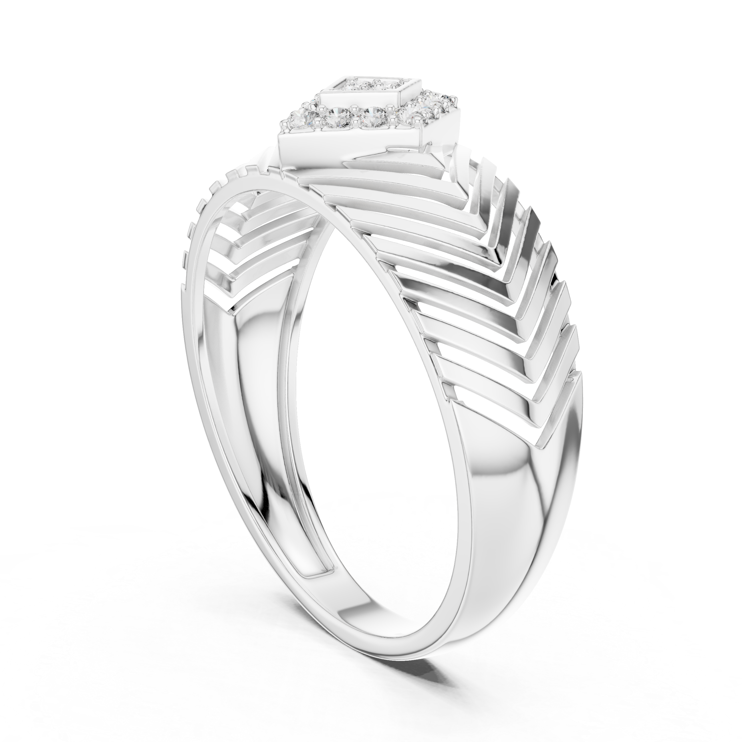 Chevron Pattern Gold Ring with Diamond Cluster